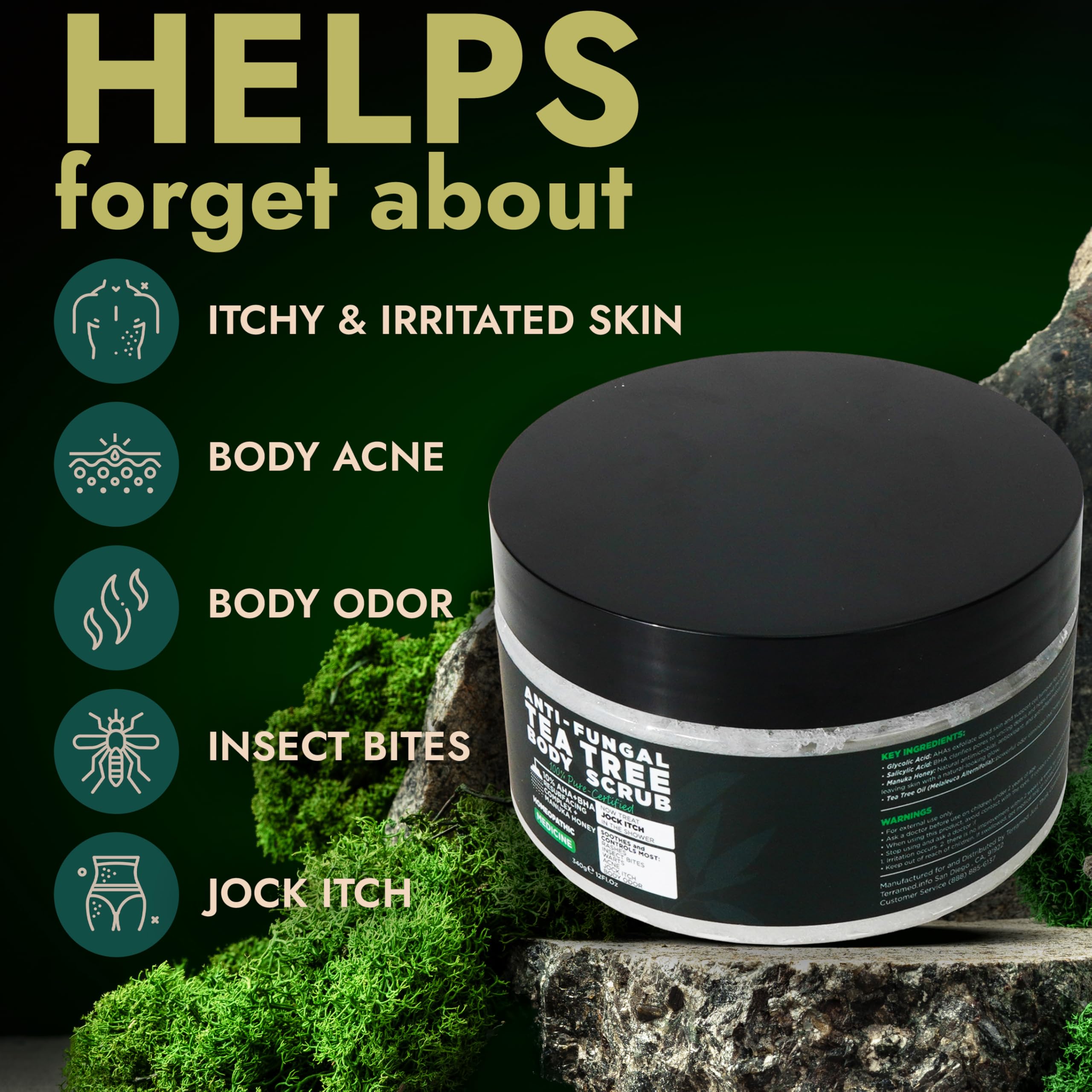 Terramed Just Think Comfort Antifungal Body Scrub with Tea Tree Oil – Exfoliating Body Wash, 12 Fl oz with Scrubber Brush