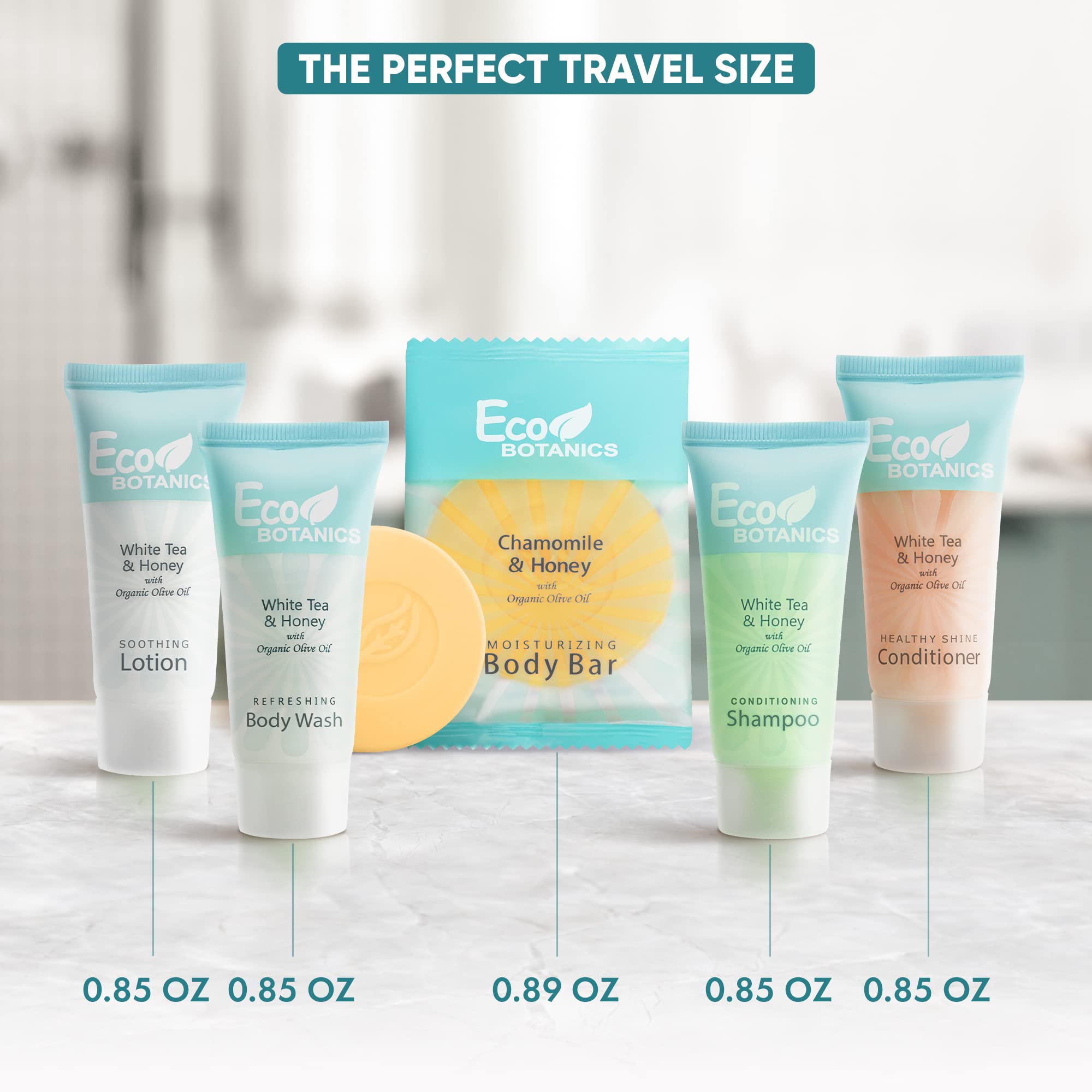 Terra Pure Travel Size Hotel Toiletry Set – 300 Count, 0.85oz Bottles, White Tea Scent, Aloe & Olive Oil