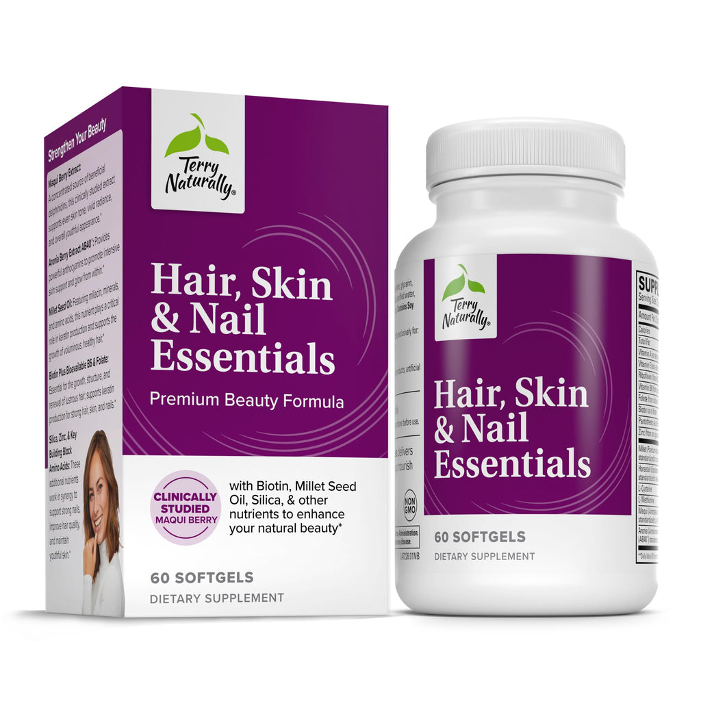 Terry Naturally Hair, Skin & Nails Essentials – Biotin & Aronia Berry – Gluten-Free & Dairy Free – 60 Softgels
