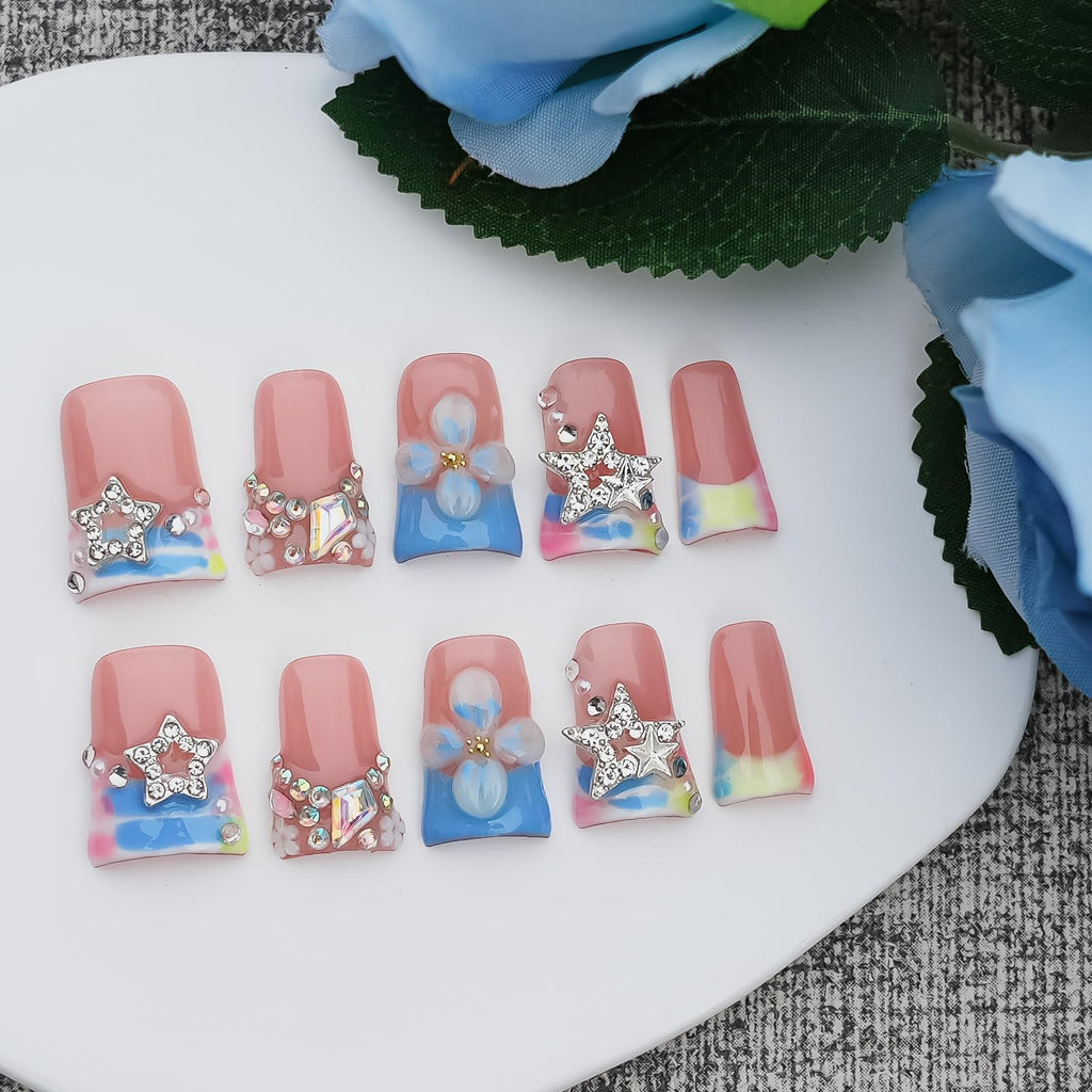 Tesytto Duck Shape 3D Floral Nails | Luxury Thick Acrylic Press-On Nails with Rhinestones – Pastel Pink-Blue Stellar
