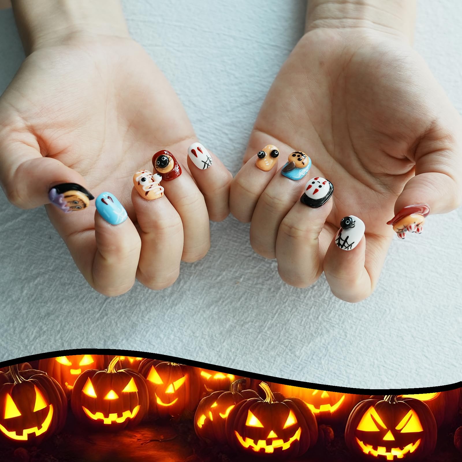 Tesytto Nightmare Before Christmas Press-On Nails – 3D Ghosts, Kawaii Short Nails