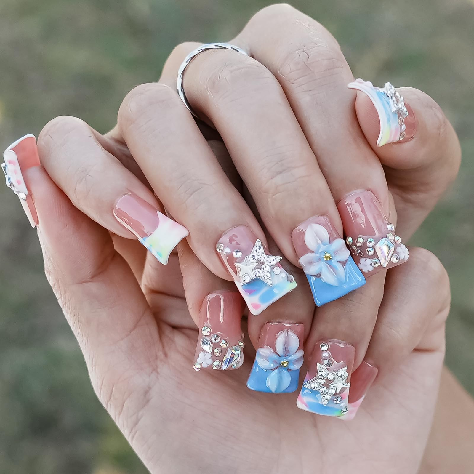 Tesytto Duck Shape 3D Floral Nails | Luxury Thick Acrylic Press-On Nails with Rhinestones – Pastel Pink-Blue Stellar