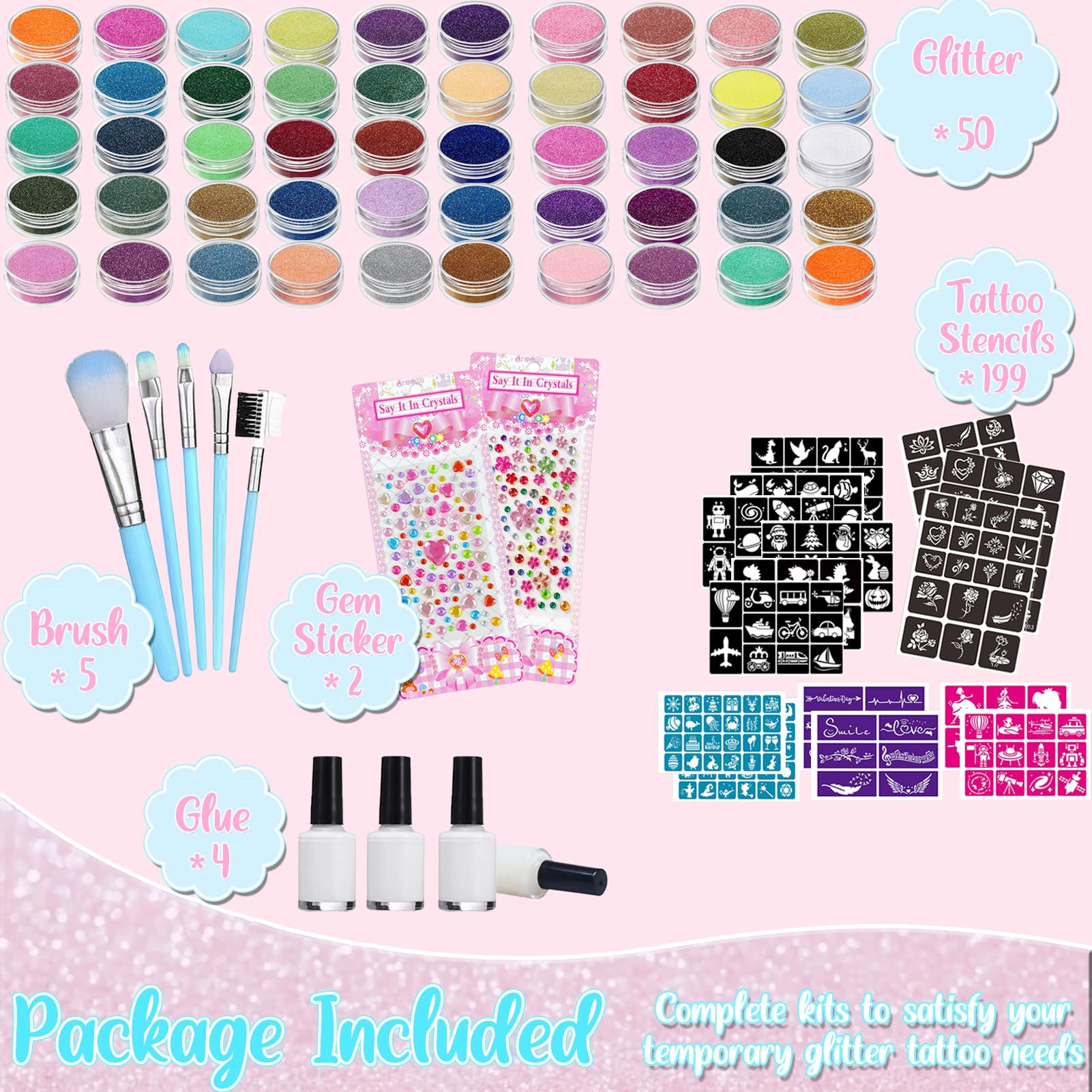 TEUVO Glitter Tattoo Kit for Kids – 50 Colors, 199 Stencils, 2 Gem Stickers
