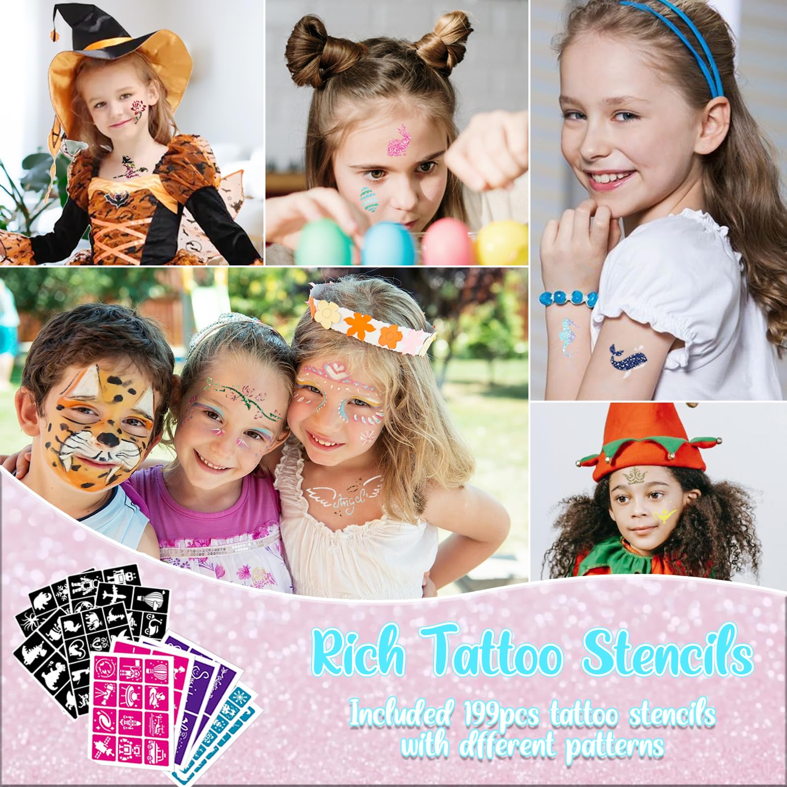 TEUVO Glitter Tattoo Kit for Kids – 50 Colors, 199 Stencils, 2 Gem Stickers