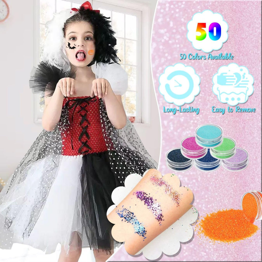 TEUVO Glitter Tattoo Kit for Kids – 50 Colors, 199 Stencils, 2 Gem Stickers