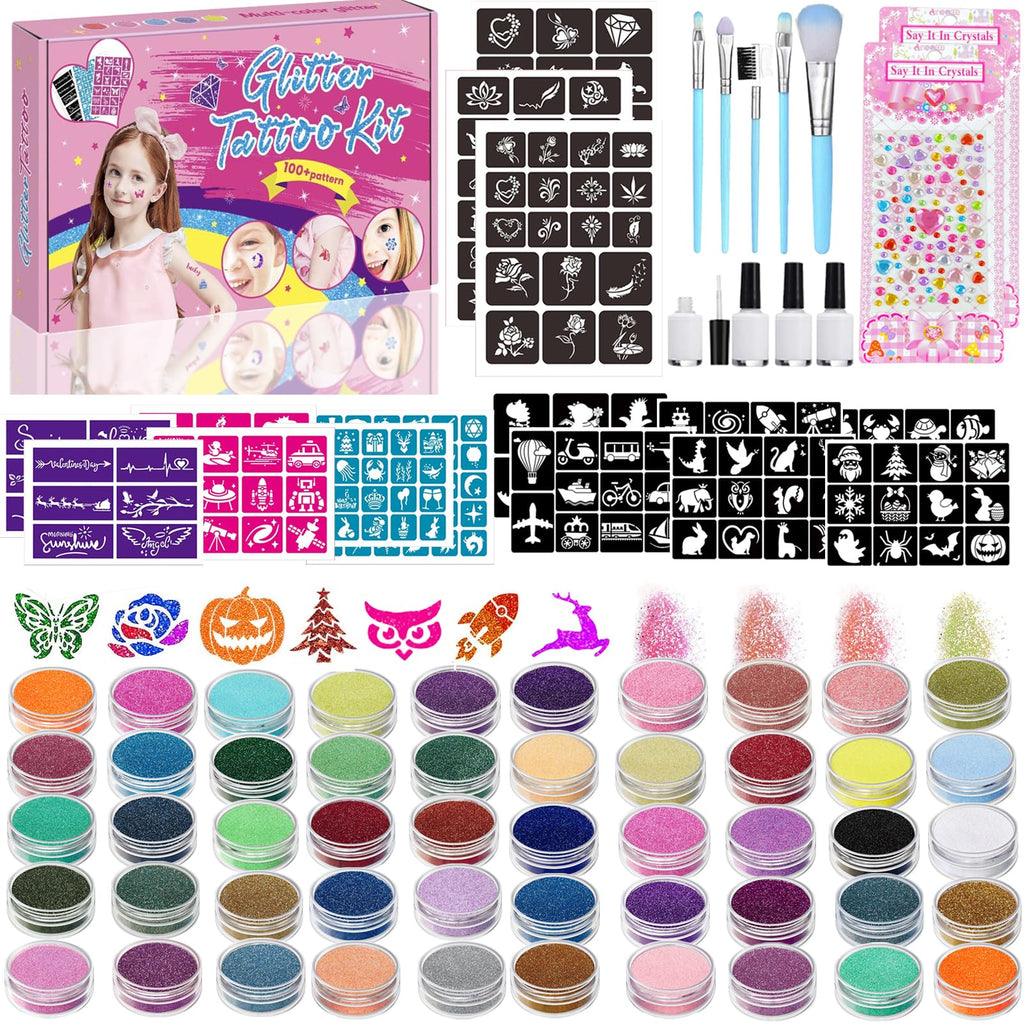 TEUVO Glitter Tattoo Kit for Kids – 50 Colors, 199 Stencils, 2 Gem Stickers