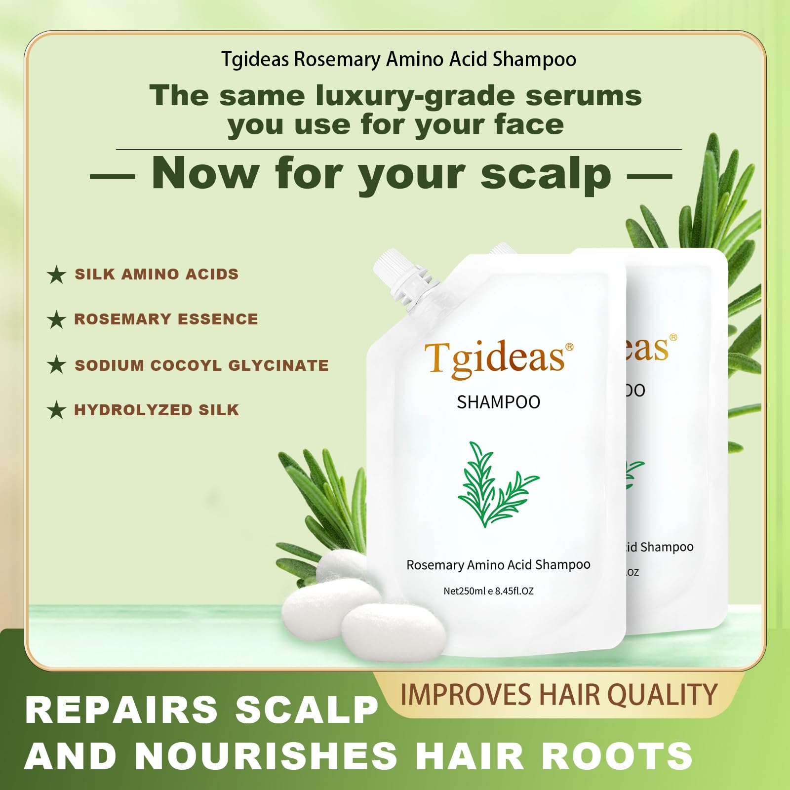 Tgideas Rosemary Amino Acid Shampoo – Hair Growth Support for Thinning Hair, Zinc PCA & Hydrolyzed Silk, 2-Pack