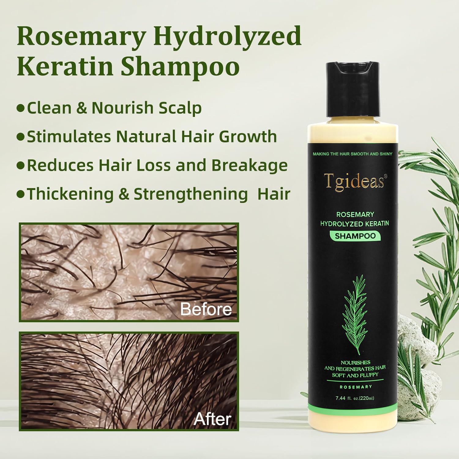 Tgideas Organic Rosemary Hair Growth Shampoo for Women & Men – Thickening & Strengthening with Hydrolyzed Keratin | 2 x 7.4 fl oz