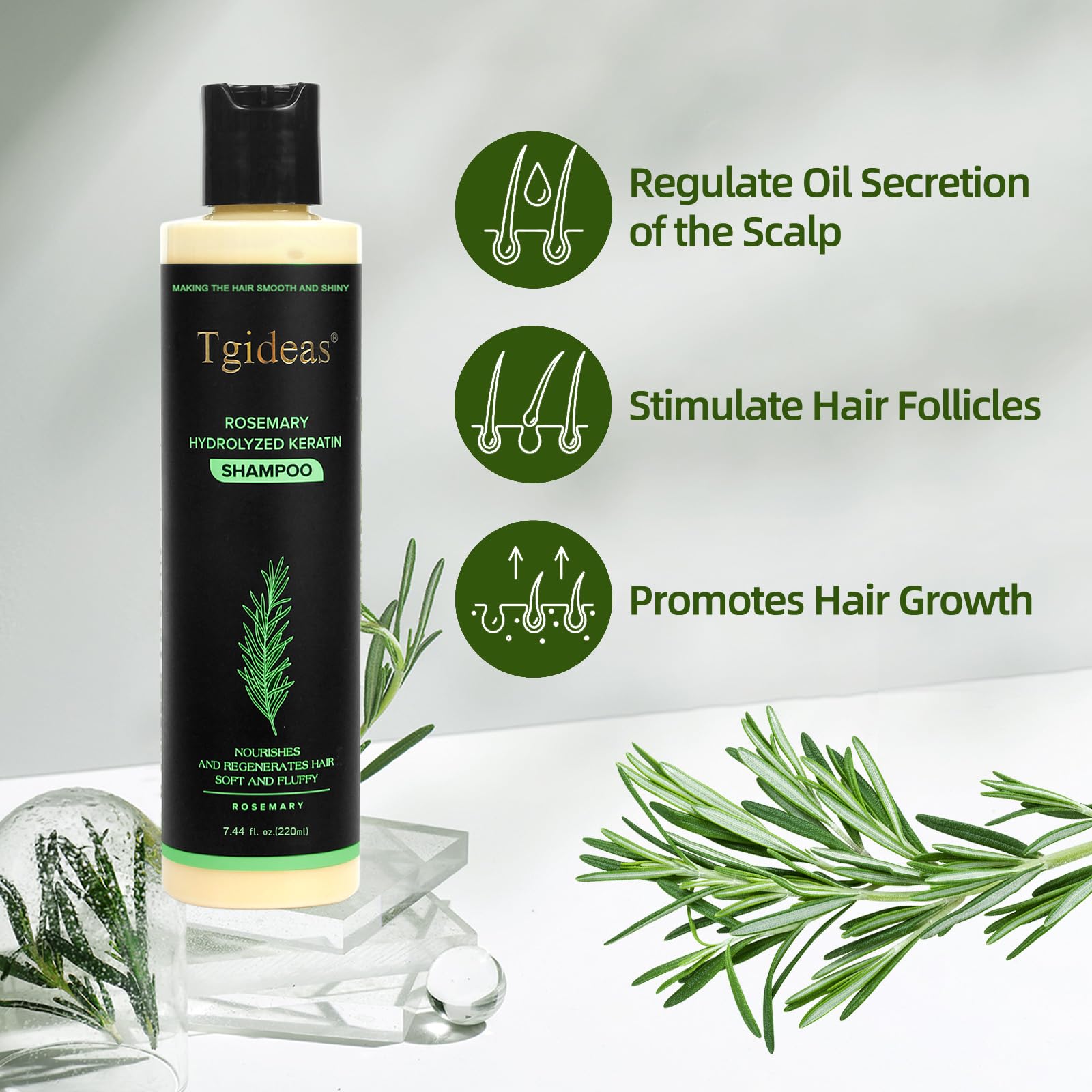 Tgideas Organic Rosemary Hair Growth Shampoo for Women & Men – Thickening & Strengthening with Hydrolyzed Keratin | 2 x 7.4 fl oz