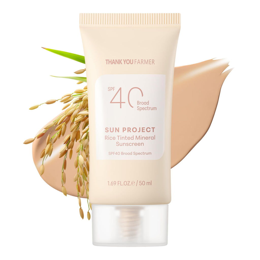 THANKYOU FARMER Sun Project Rice Tinted Mineral Sunscreen SPF40 – No White Cast, Dermatologist-Tested