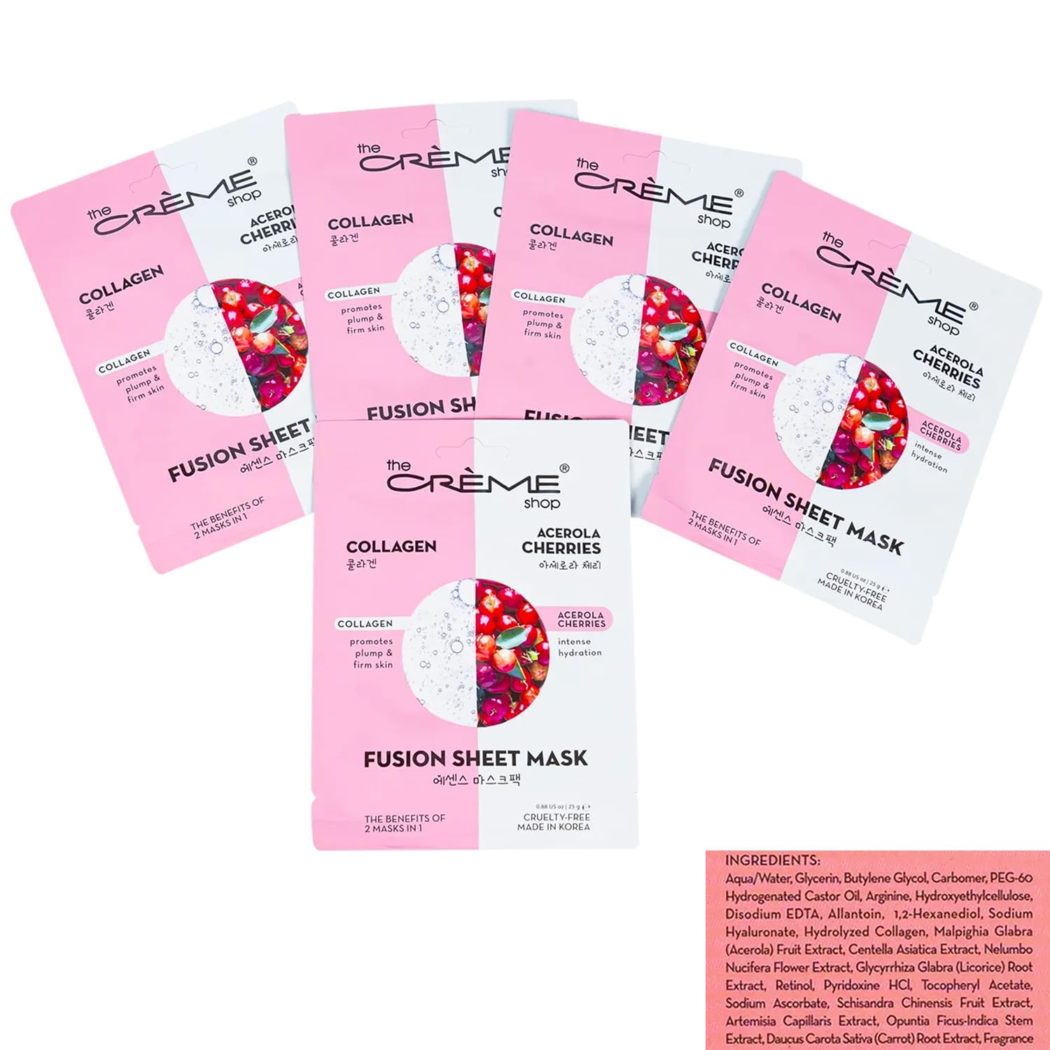 The Crème Shop Face Mask 5 Pack Bundle – Hydrating Collagen & Acerola Masks Made in Korea