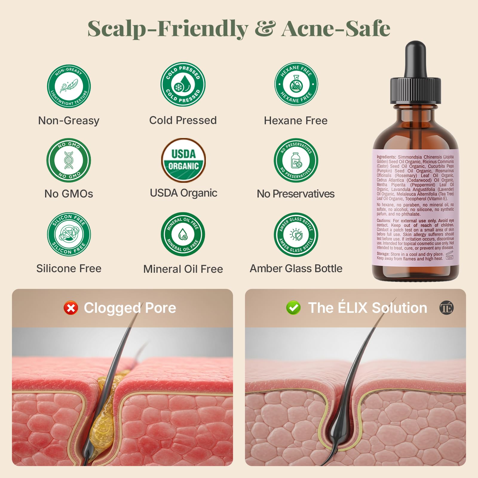 The ELIX USDA Organic Rosemary Oil for Hair Growth – Thickening Formula with Castor & Pumpkin Seed | Made in USA | 4oz