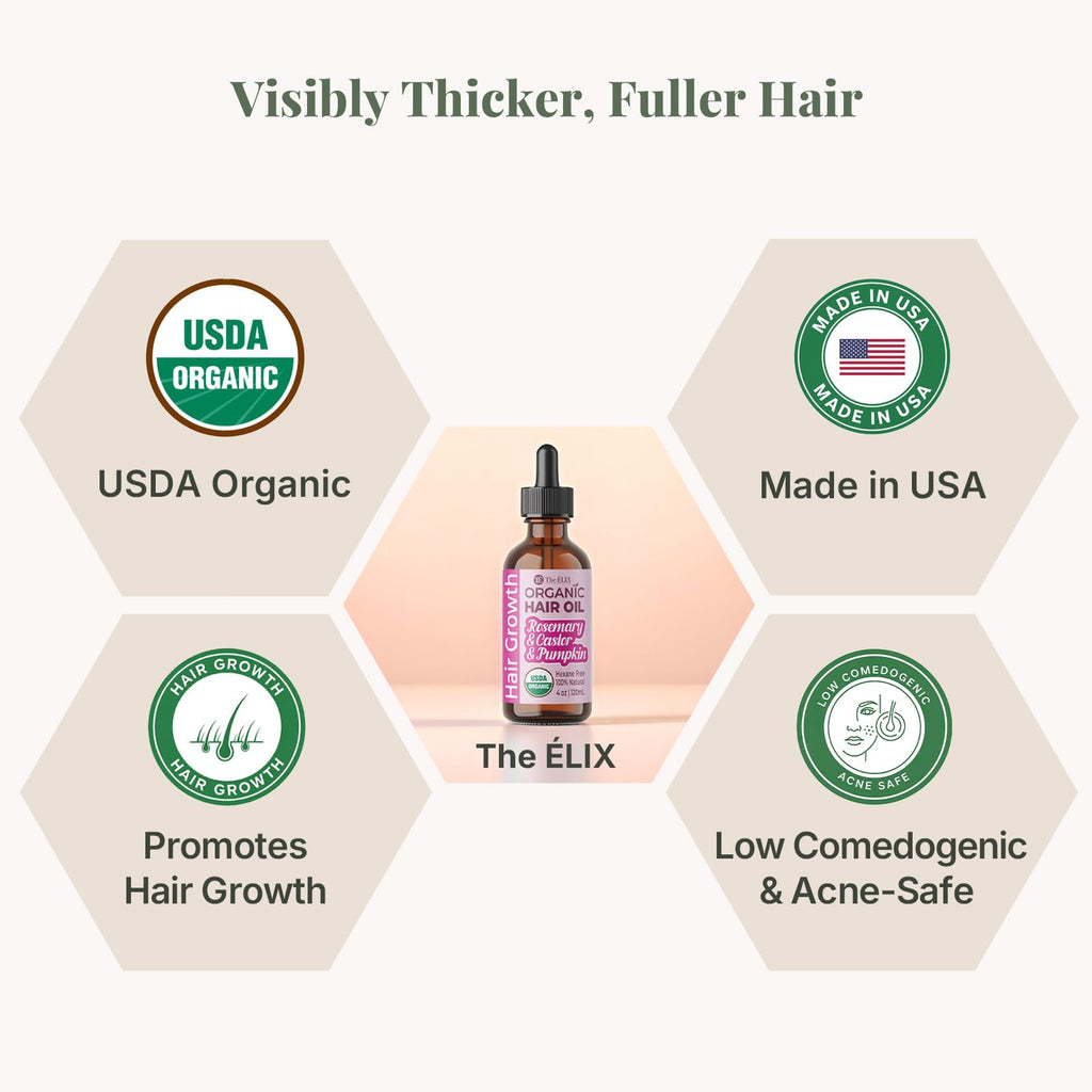 The ELIX USDA Organic Rosemary Oil for Hair Growth – Thickening Formula with Castor & Pumpkin Seed | Made in USA | 4oz