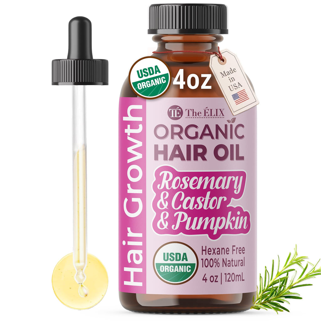 The ELIX USDA Organic Rosemary Oil for Hair Growth – Thickening Formula with Castor & Pumpkin Seed | Made in USA | 4oz