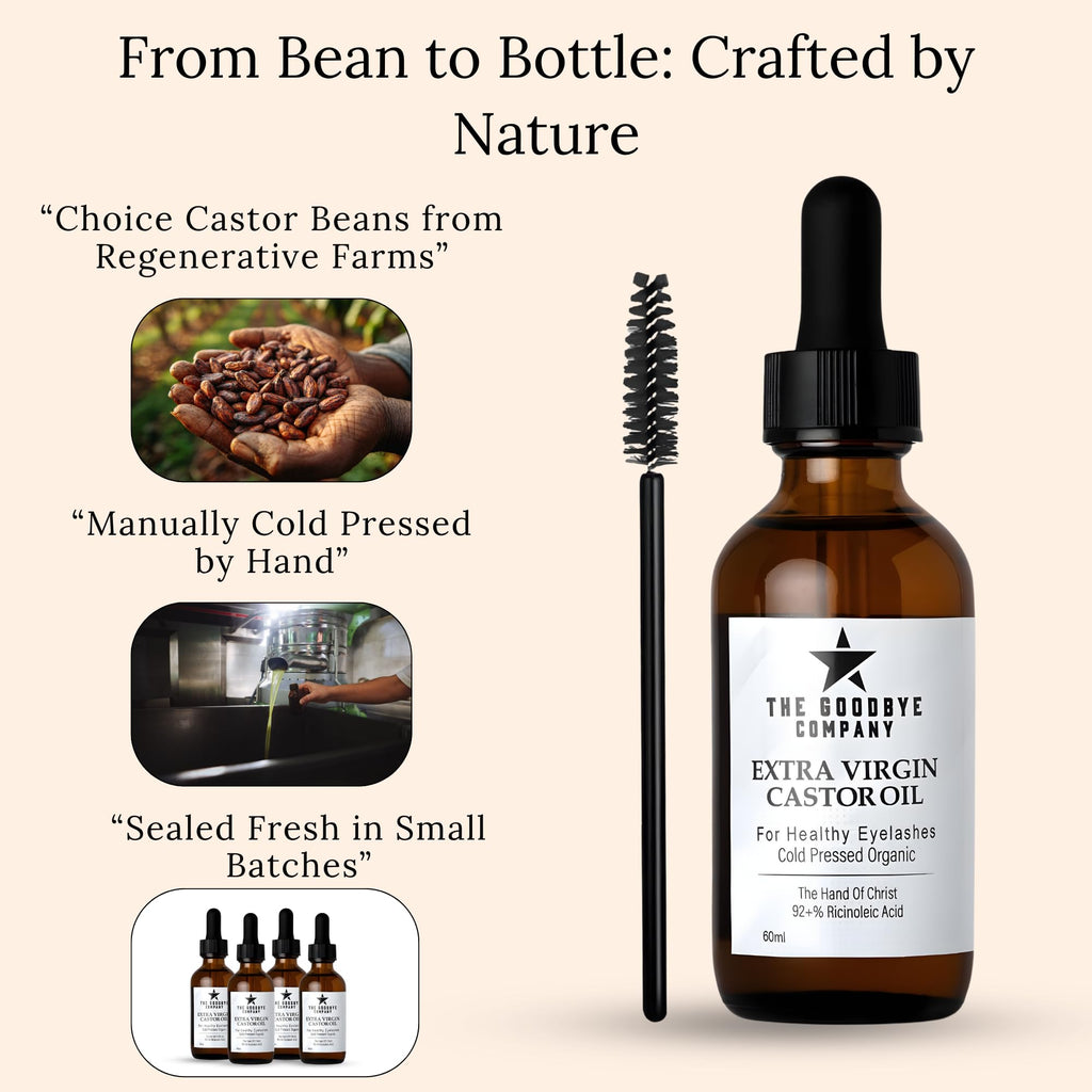 The Goodbye Company USDA Organic Castor Oil for Eyelashes & Eyebrows – 100% Pure Cold-Pressed, Hexane-Free 60ml with Applicator
