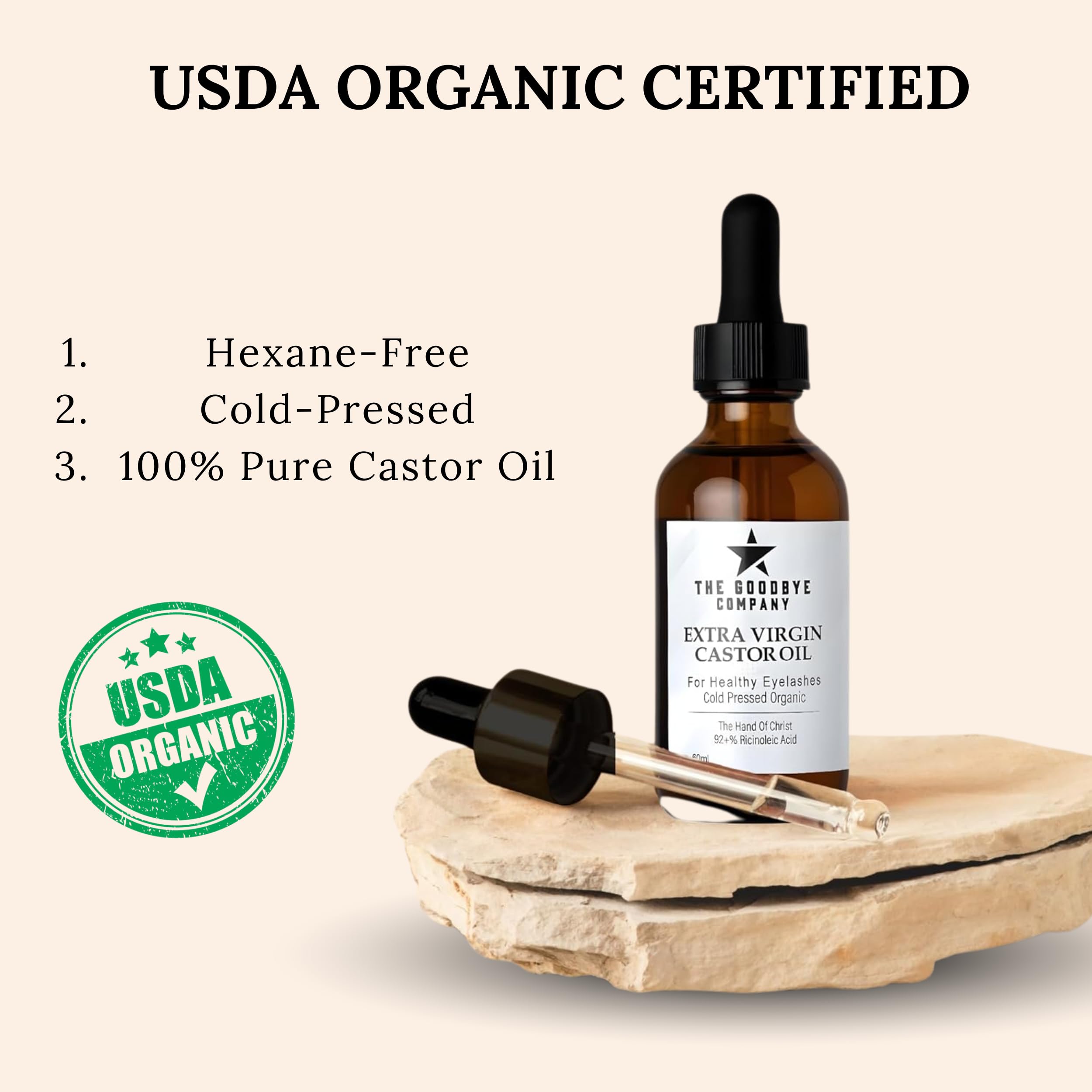 The Goodbye Company USDA Organic Castor Oil for Eyelashes & Eyebrows – 100% Pure Cold-Pressed, Hexane-Free 60ml with Applicator