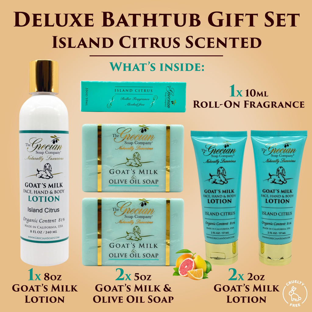 The Grecian Soap Company Deluxe Bathtub Gift Set – Goat Milk & Olive Oil Skincare, Island Citrus, 6-Piece Gift Set