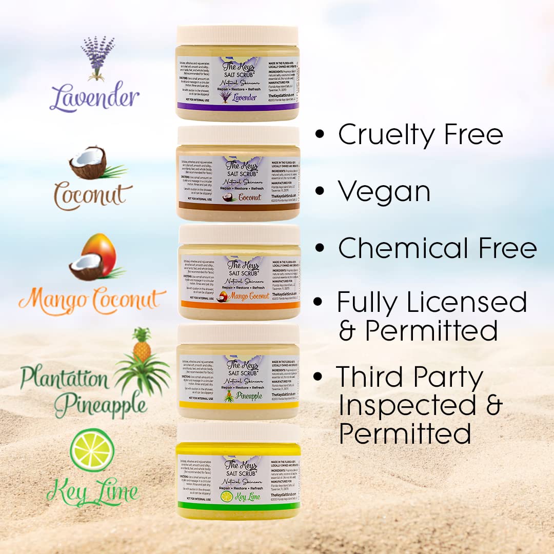 The Keys Salt Scrub – Sea Salt Exfoliating Body Scrub with Wooden Spoon, Pineapple (3.4 oz x 3)