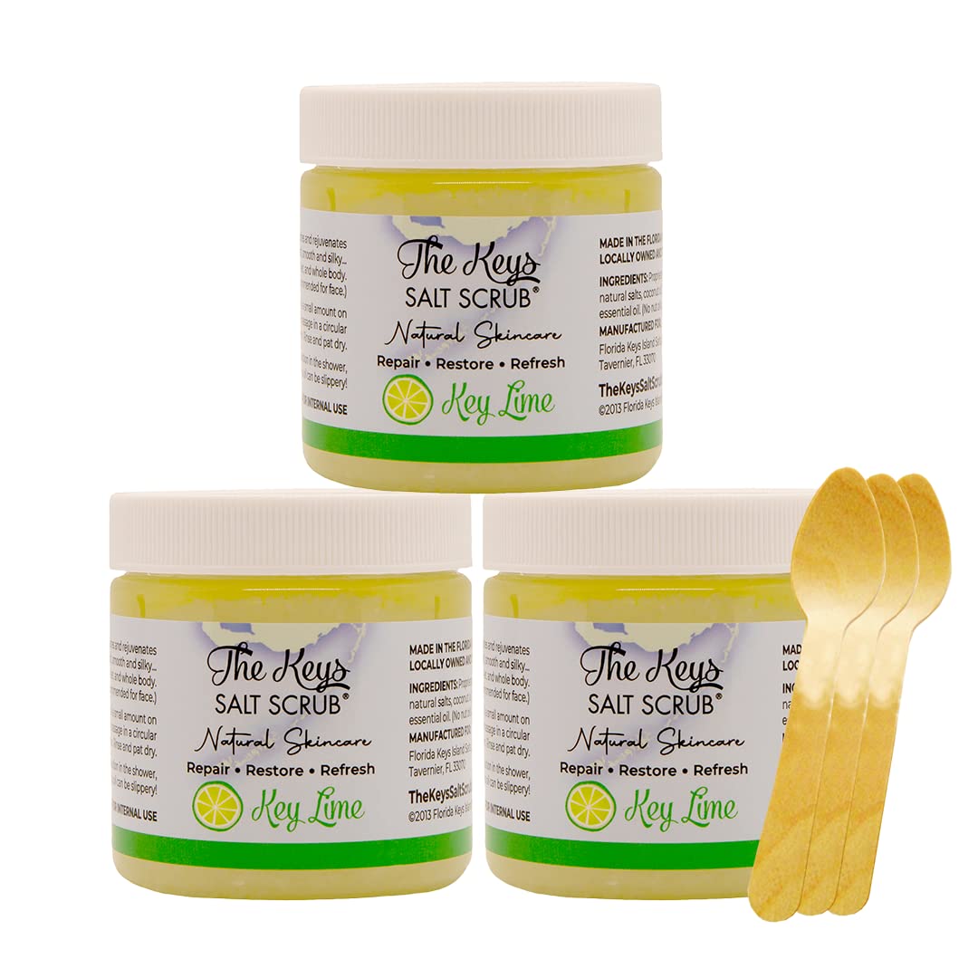 The Keys Salt Scrub – Sea Salt Exfoliating Body Scrub with Wooden Spoon | Key Lime | 3 x 3.4 oz
