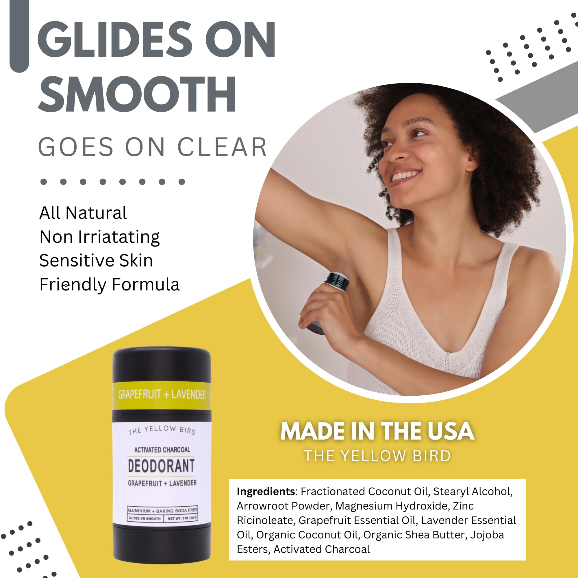 The Yellow Bird Natural Charcoal Deodorant – Aluminum & Baking Soda Free, Vegan, Made in USA