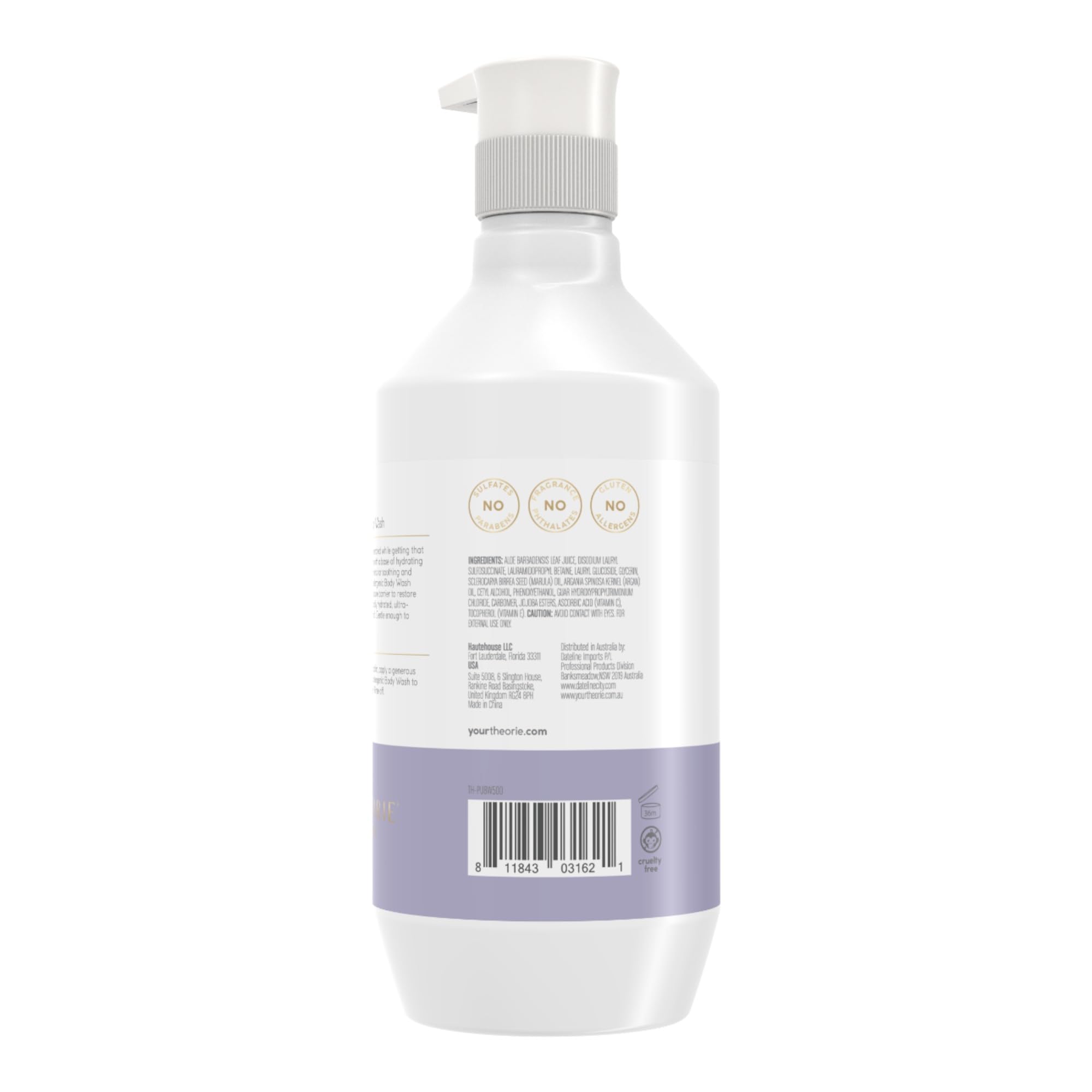 Theorie Hypoallergenic Body Wash – Fragrance-Free with Aloe Vera, Argan & Marula Oil (500mL Pump)