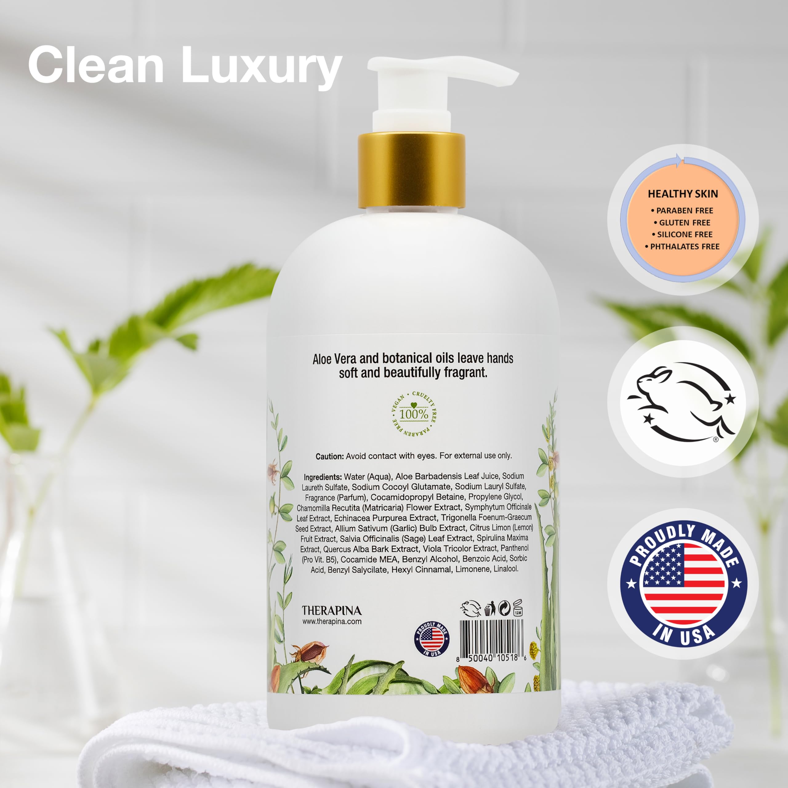 THERAPINA Aromatherapy Luxury Liquid Hand Soap – Vegan Aloe Vera & Botanical Oils (16 oz)