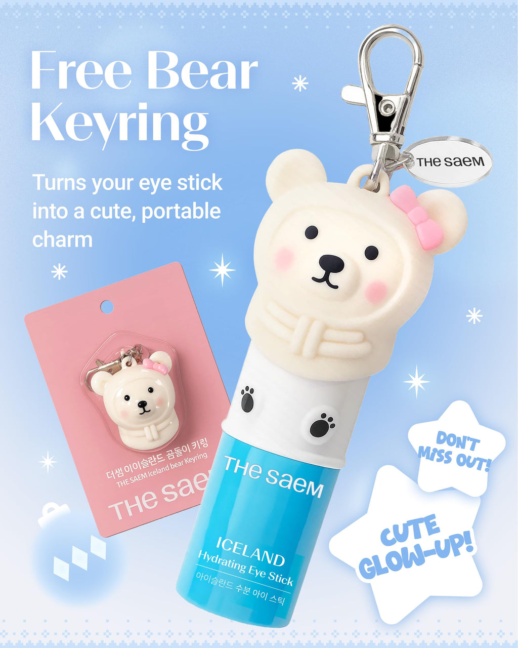 THESAEM Iceland Hydrating Eye Stick with Bear Keyring Set – Cooling Under-Eye Balm, 0.38oz