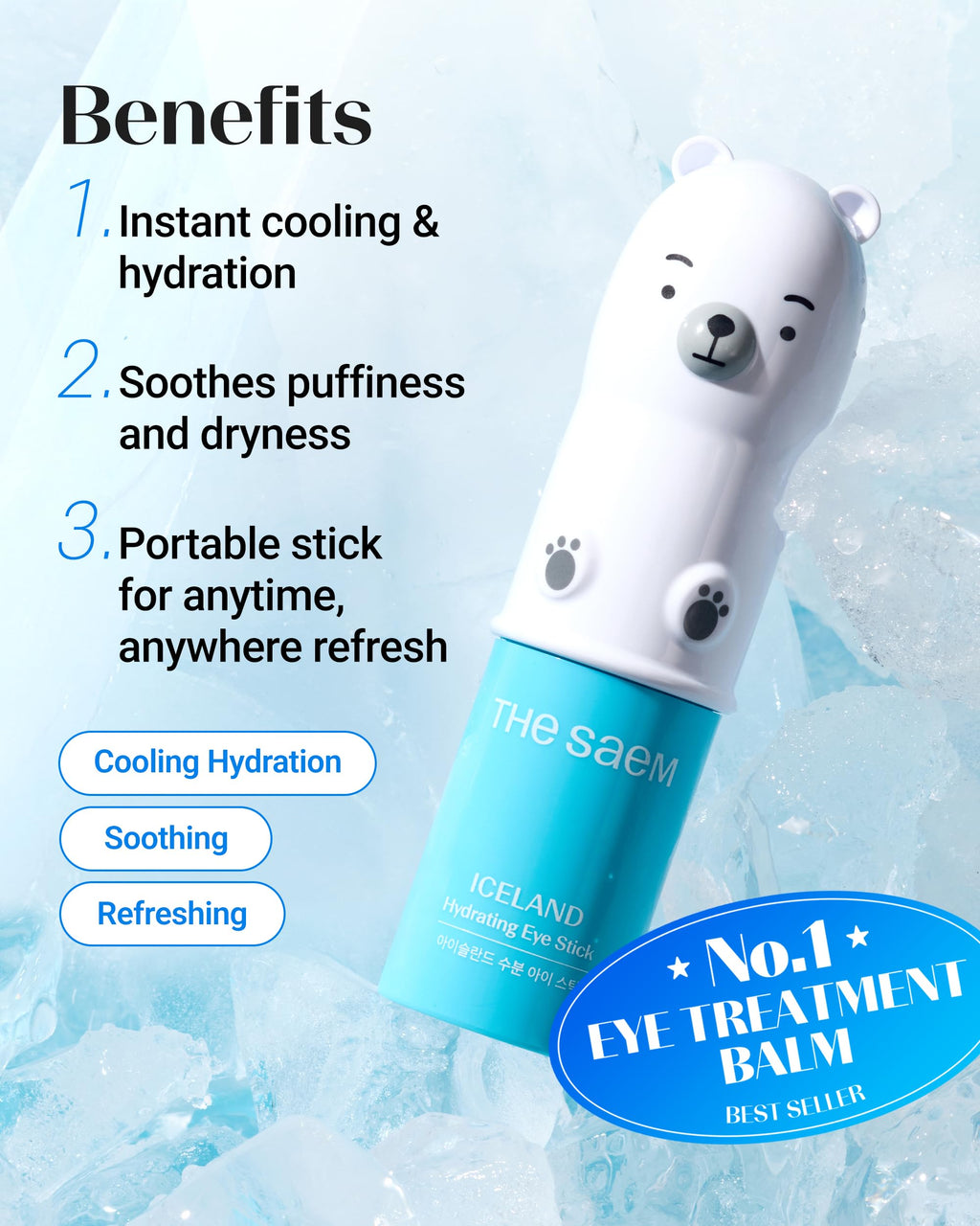 THESAEM Iceland Hydrating Eye Stick with Bear Keyring Set – Cooling Under-Eye Balm, 0.38oz