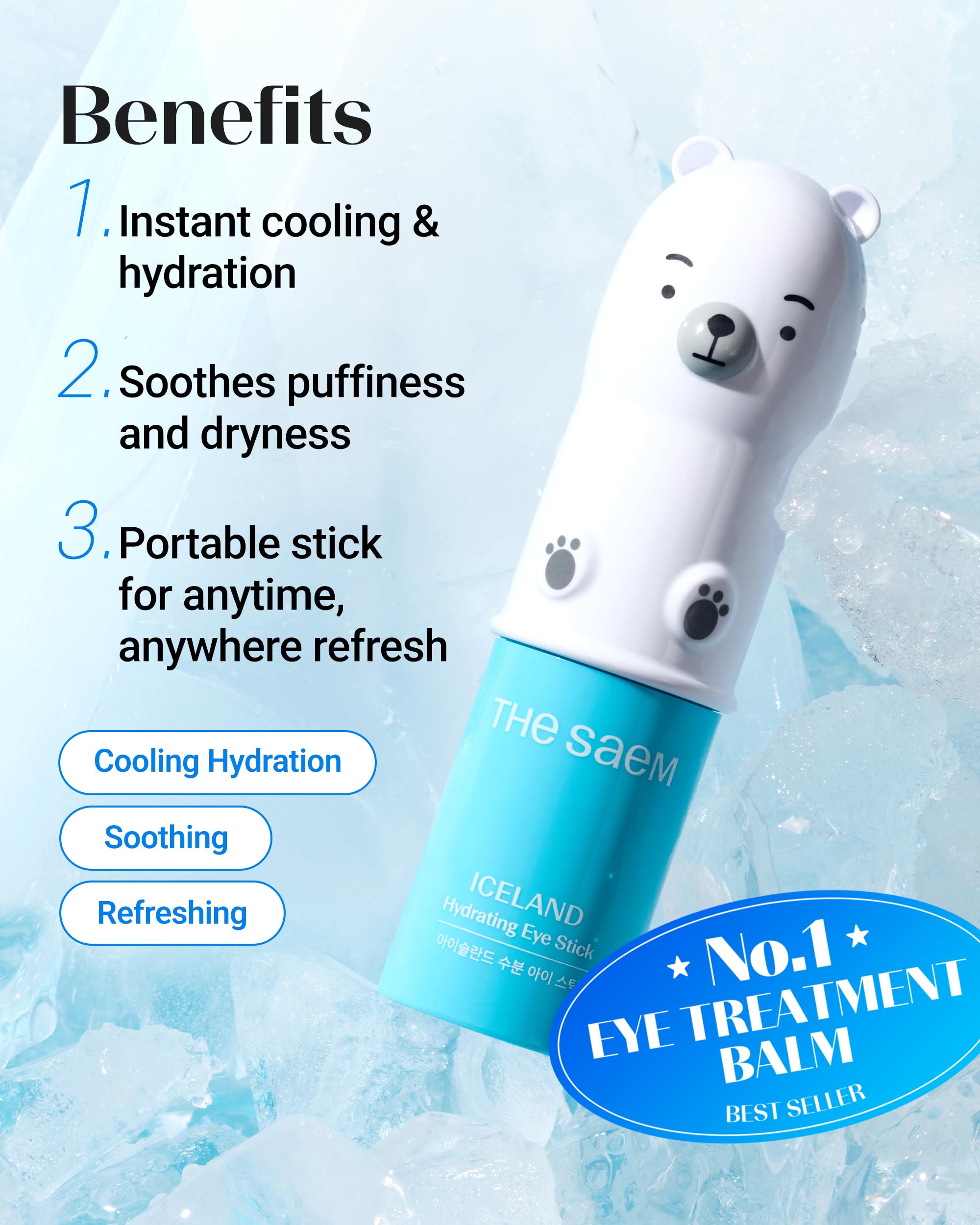 THESAEM Iceland Hydrating Eye Stick with Bear Keyring Set – Cooling Under-Eye Balm, 0.38oz
