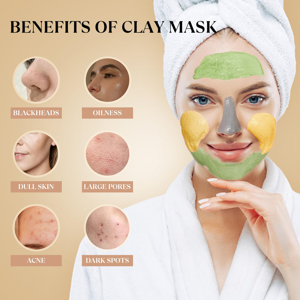 THESKCARE 3 PCS Clay Mask Set — Turmeric Vitamin C, Green Tea & Dead Sea Mud for Oil Control