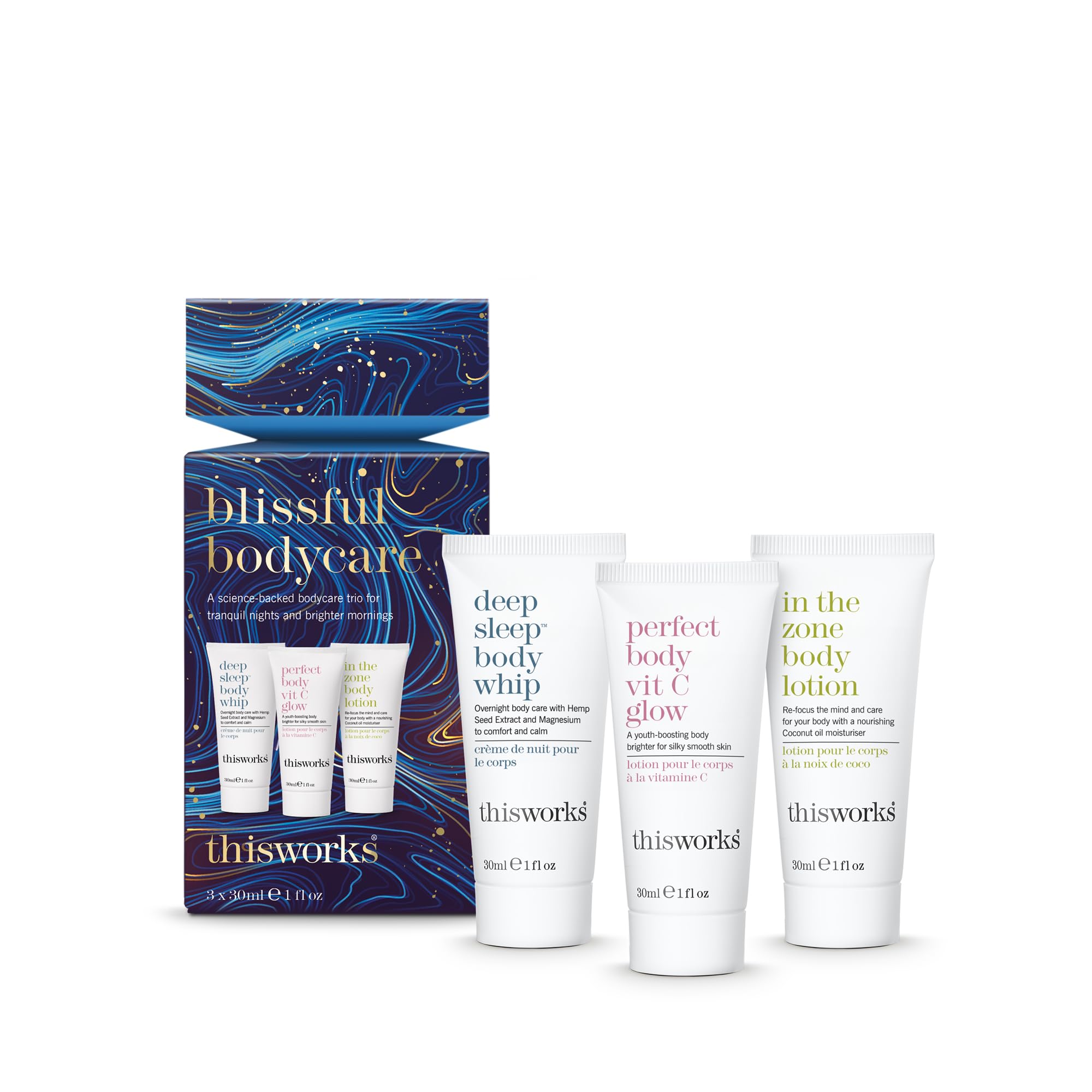 THISWORKS Blissful Bodycare Trio – Travel-Size 30ml Moisturizers: Deep Sleep, Vit C Glow, In The Zone