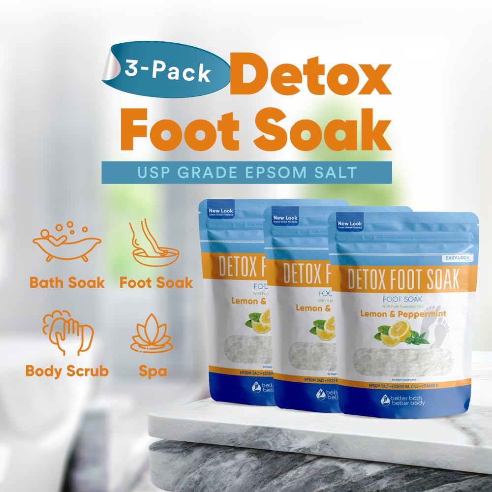 Detox Foot Soak (3 Pack) by Better Bath Better Body – Epsom Salt with Pure Essential Oils in BPA-Free Pouches