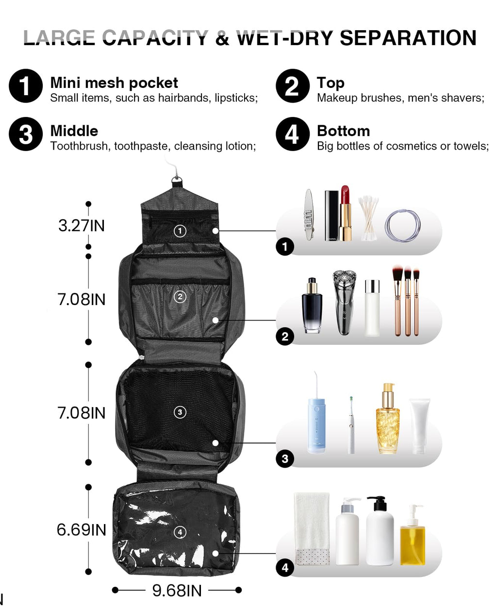 THSAM Travel Toiletry Bag – Large Hanging Organizer for Women & Men | Grey