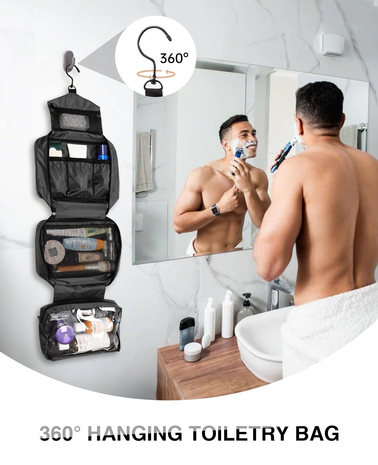 THSAM Travel Toiletry Bag – Large Hanging Organizer for Women & Men | Grey