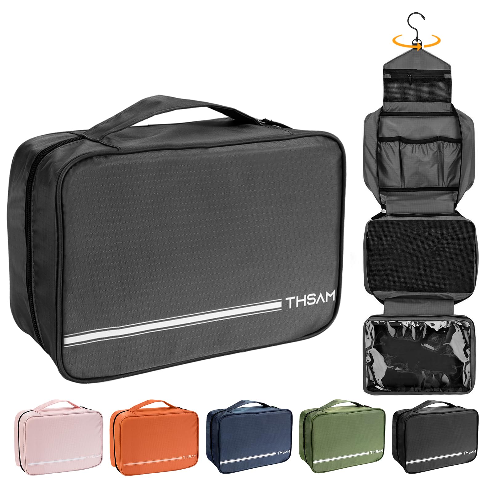 THSAM Travel Toiletry Bag – Large Hanging Organizer for Women & Men | Grey