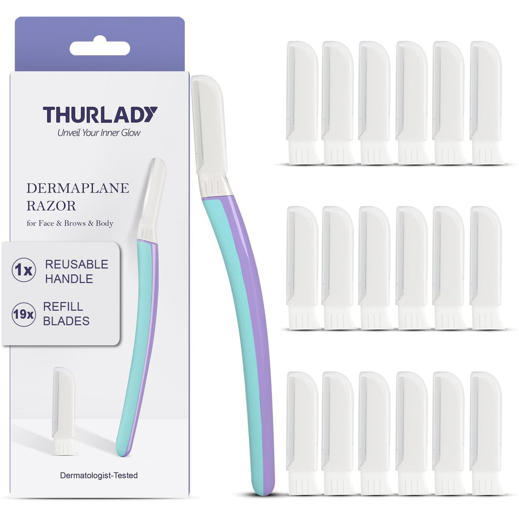 THURLADY Dermaplane Razor – Gentle Facial Hair Removal & Exfoliation, Reusable Handle + 19 Microblades