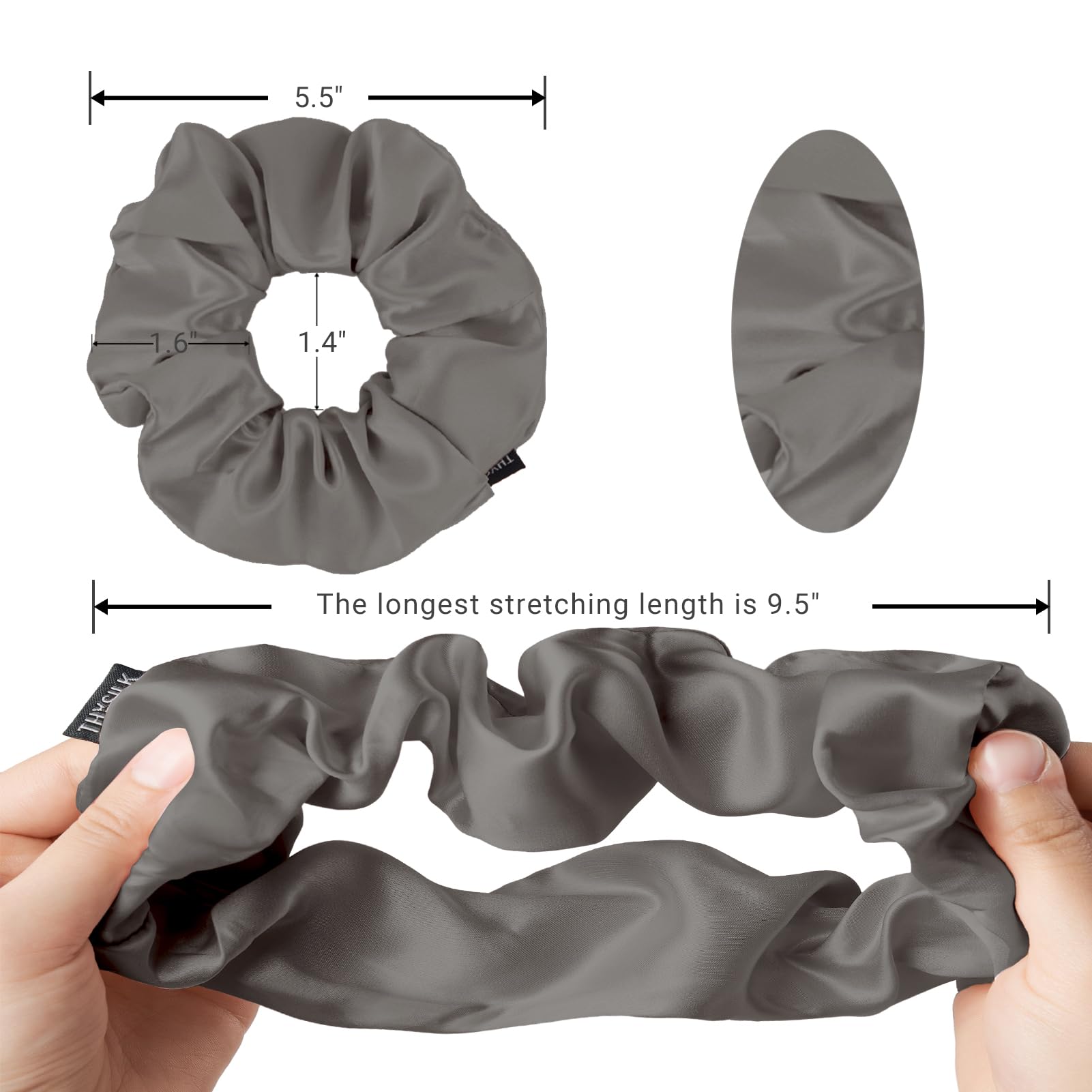 THXSILK Silk Scrunchies for Women - Pure Mulberry Silk Hair Ties, Charcoal for Thick Hair