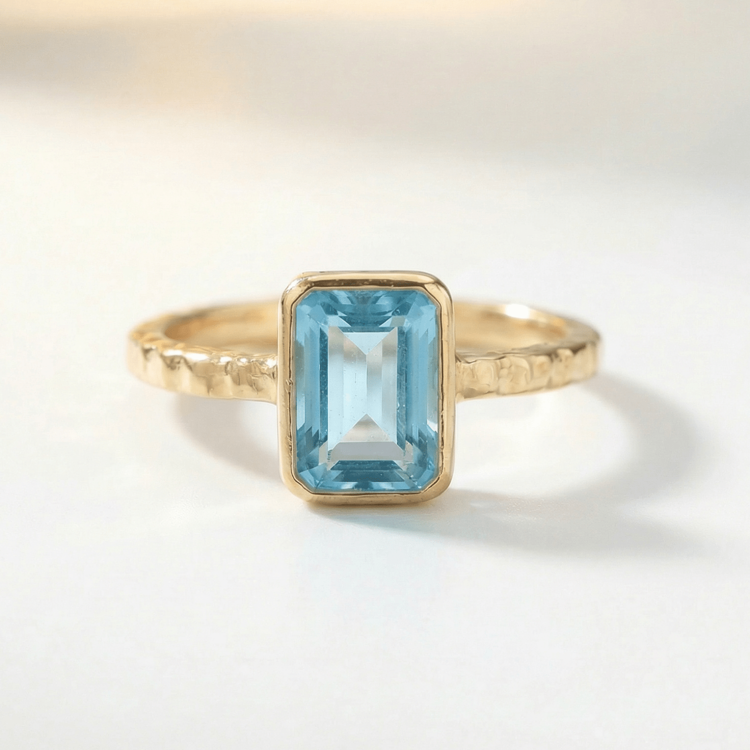 Tidewashed Sky Blue Topaz Ring – Octagonal Gemstone & Hammered Band