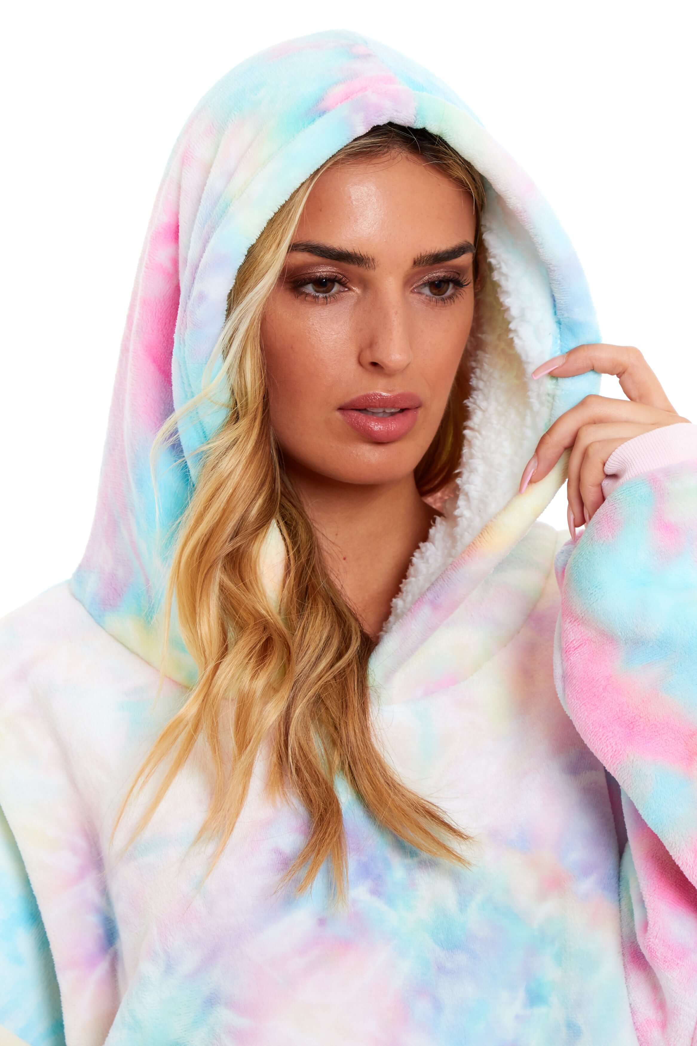 Daisy Dreamer Tie Dye Rainbow Oversized Hooded Plush Fleece Wearable Blanket Cotton Rich Everyday Comfort