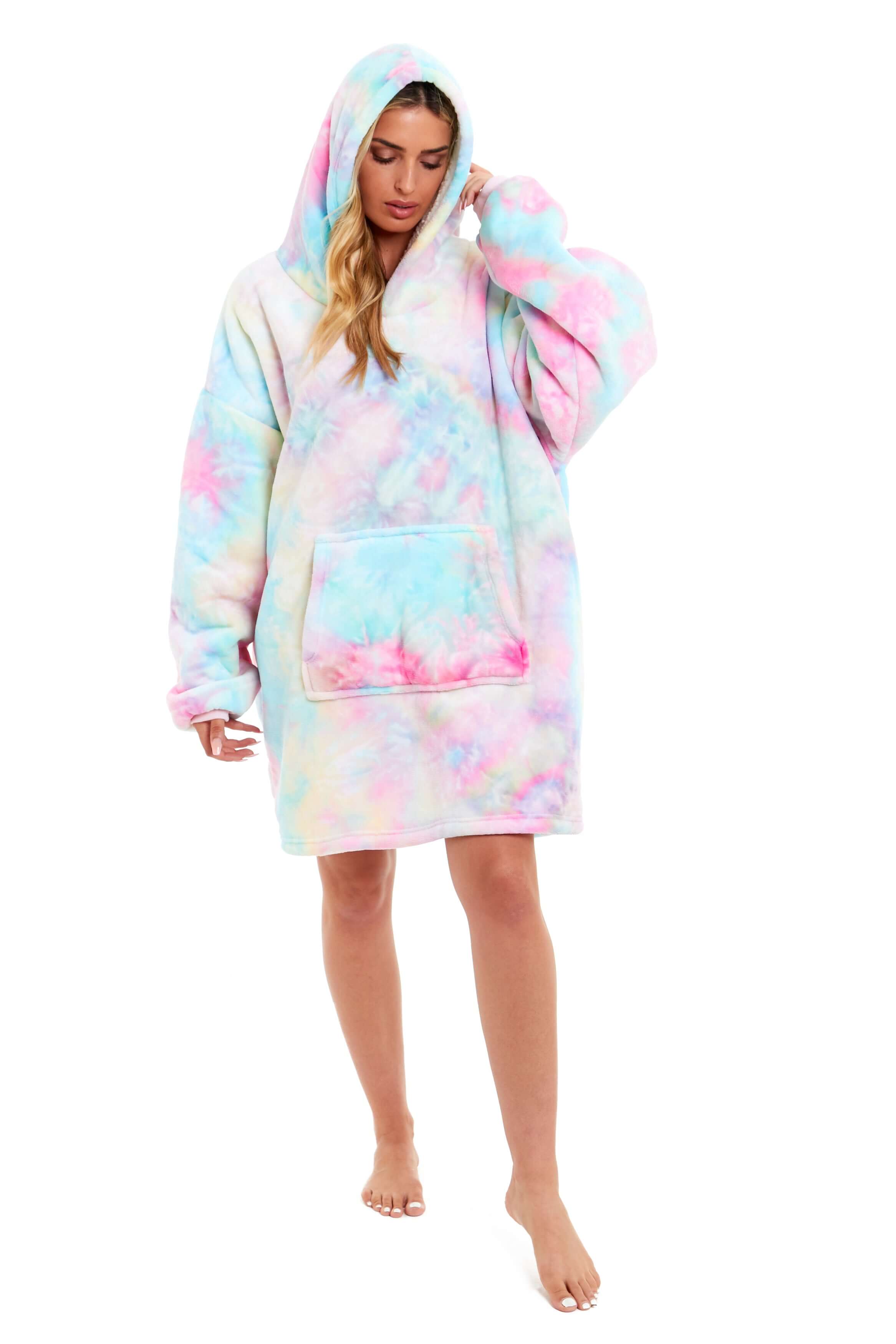 Daisy Dreamer Tie Dye Rainbow Oversized Hooded Plush Fleece Wearable Blanket Cotton Rich Everyday Comfort