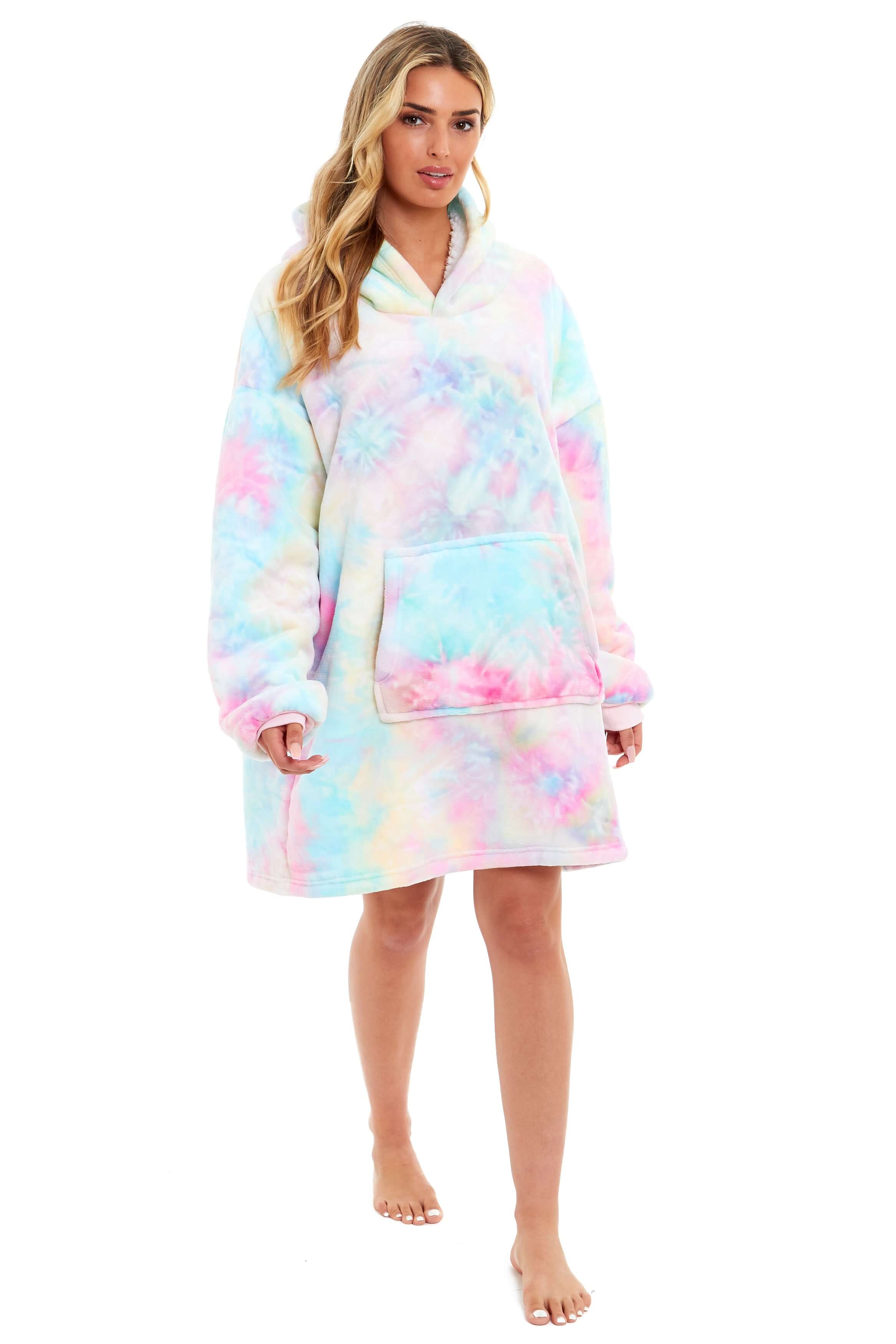 Daisy Dreamer Tie Dye Rainbow Oversized Hooded Plush Fleece Wearable Blanket Cotton Rich Everyday Comfort