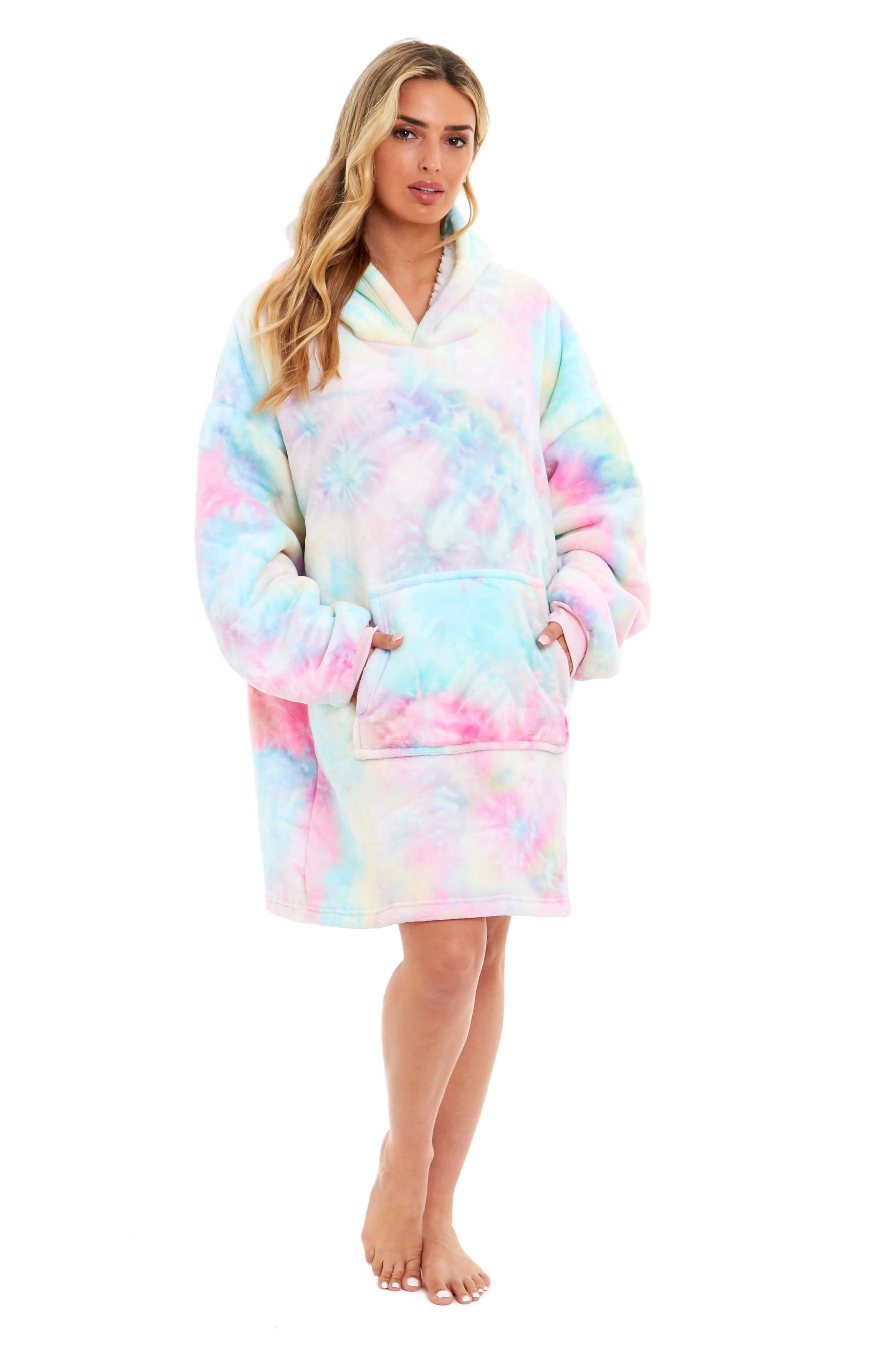 Daisy Dreamer Tie Dye Rainbow Oversized Hooded Plush Fleece Wearable Blanket Cotton Rich Everyday Comfort