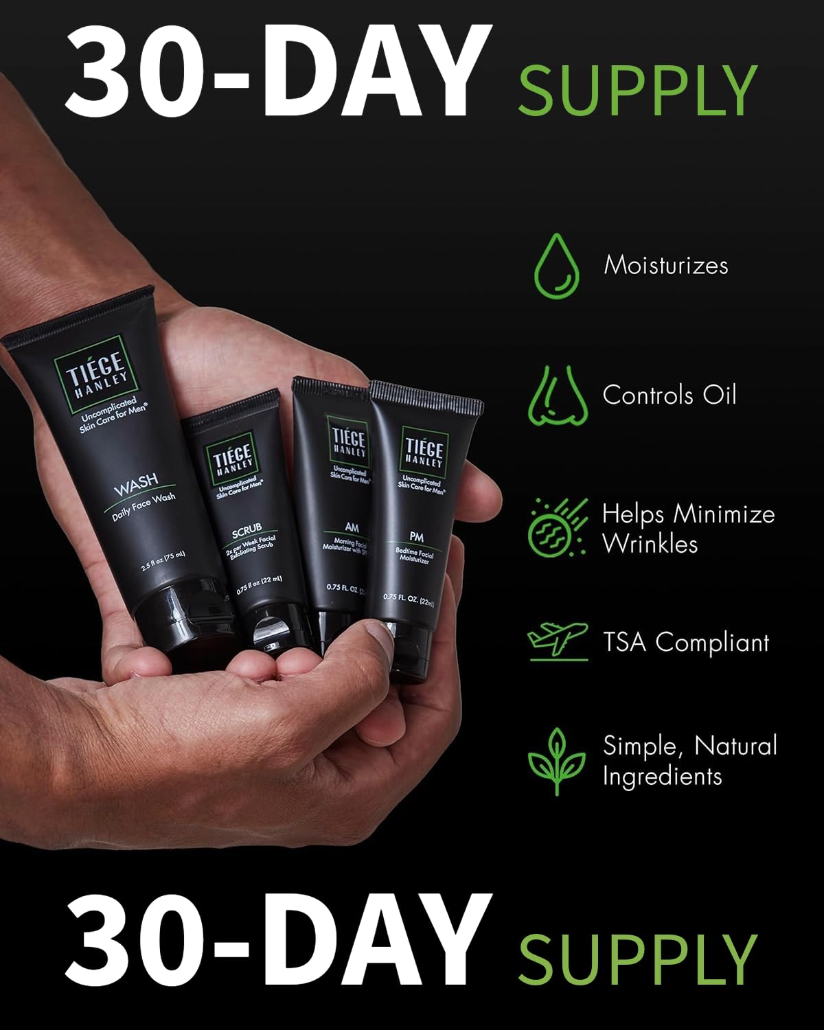 Tiege Hanley Level 1 Skin Care Set for Men — 4-Piece Essential Routine (Daily Face Wash, Scrub, SPF Moisturizer, Night Cream)