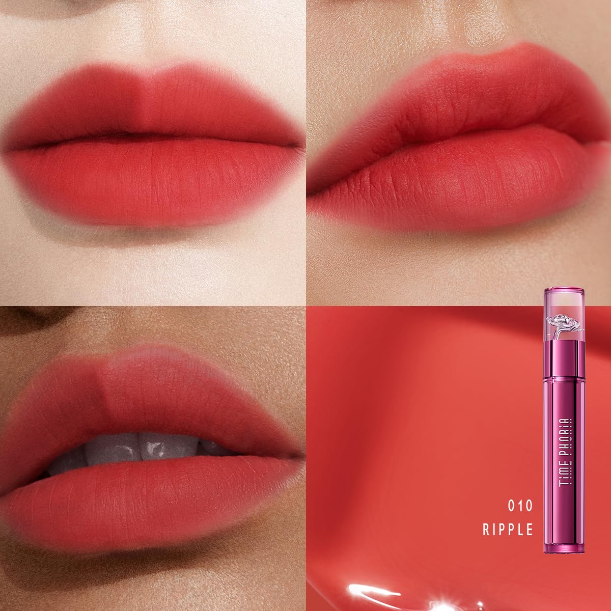 TIMEPHORIA Altera Blurring Lip Tint 010 Ripple – Vibrant Coral, Glossy to Matte