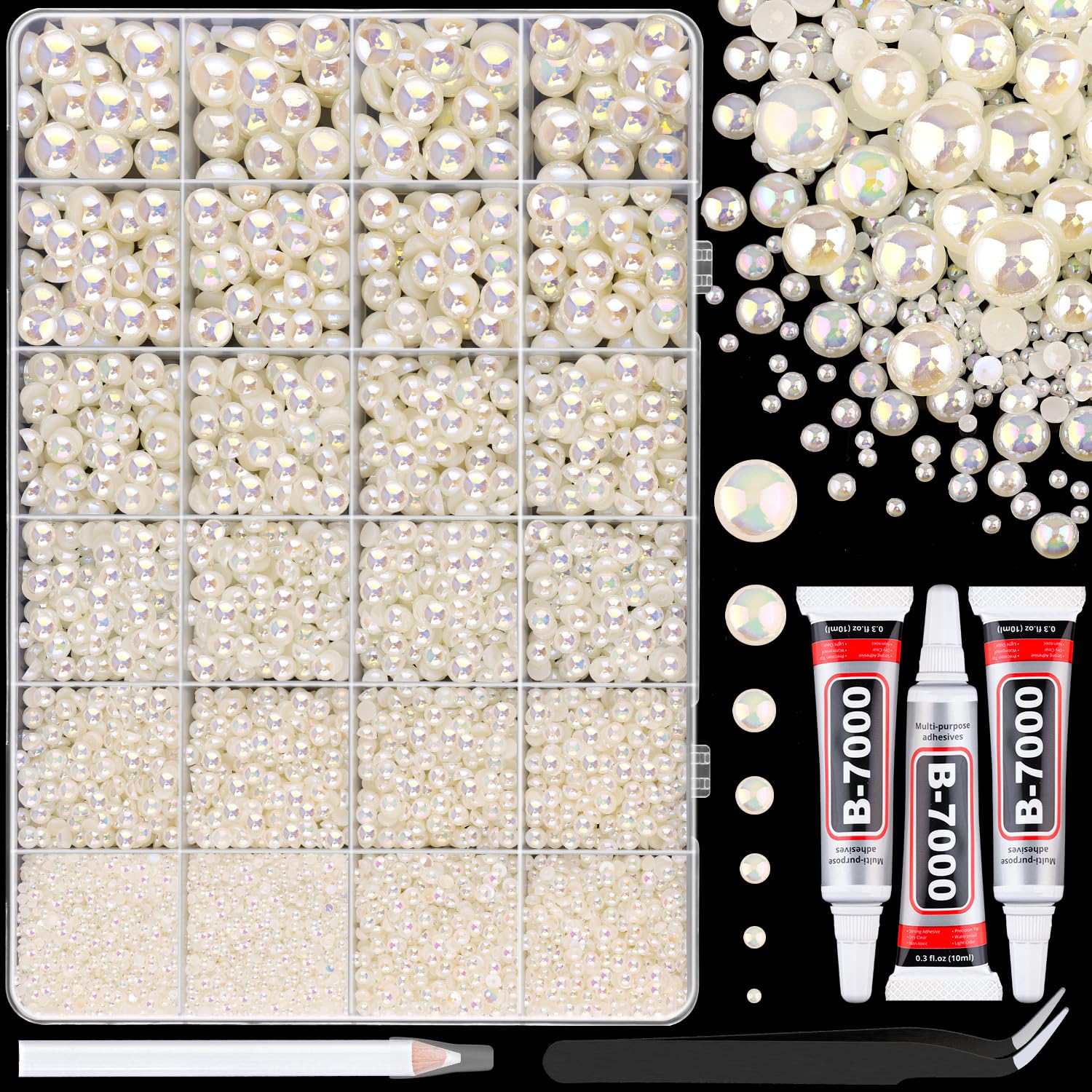 TINKRSTUFF 11000Pcs Beige AB Flatback Pearls for Crafting – 2–10mm with B7000 Glue