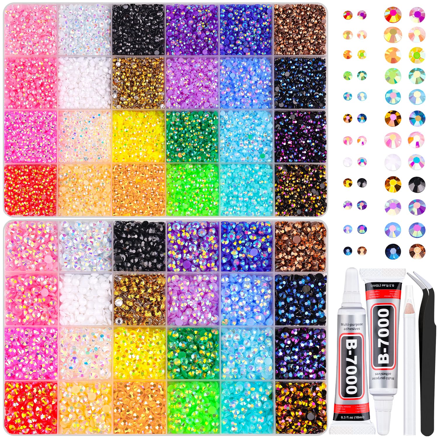 TINKRSTUFF 2 Boxes Jelly Rhinestones Kit – 30,600 Pcs 3mm & 5mm Multicolor Resin Gems with 2x 10ml B7000 Glue