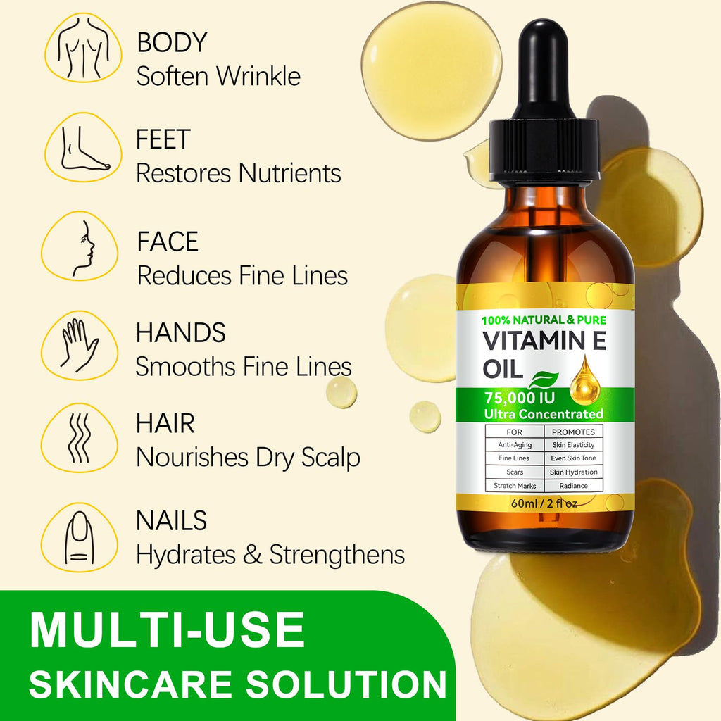 Tiuedu 2PCS Natural Vitamin E Oil – 75,000 IU Ultra Concentrated for Skin, Face, Hair & Scars
