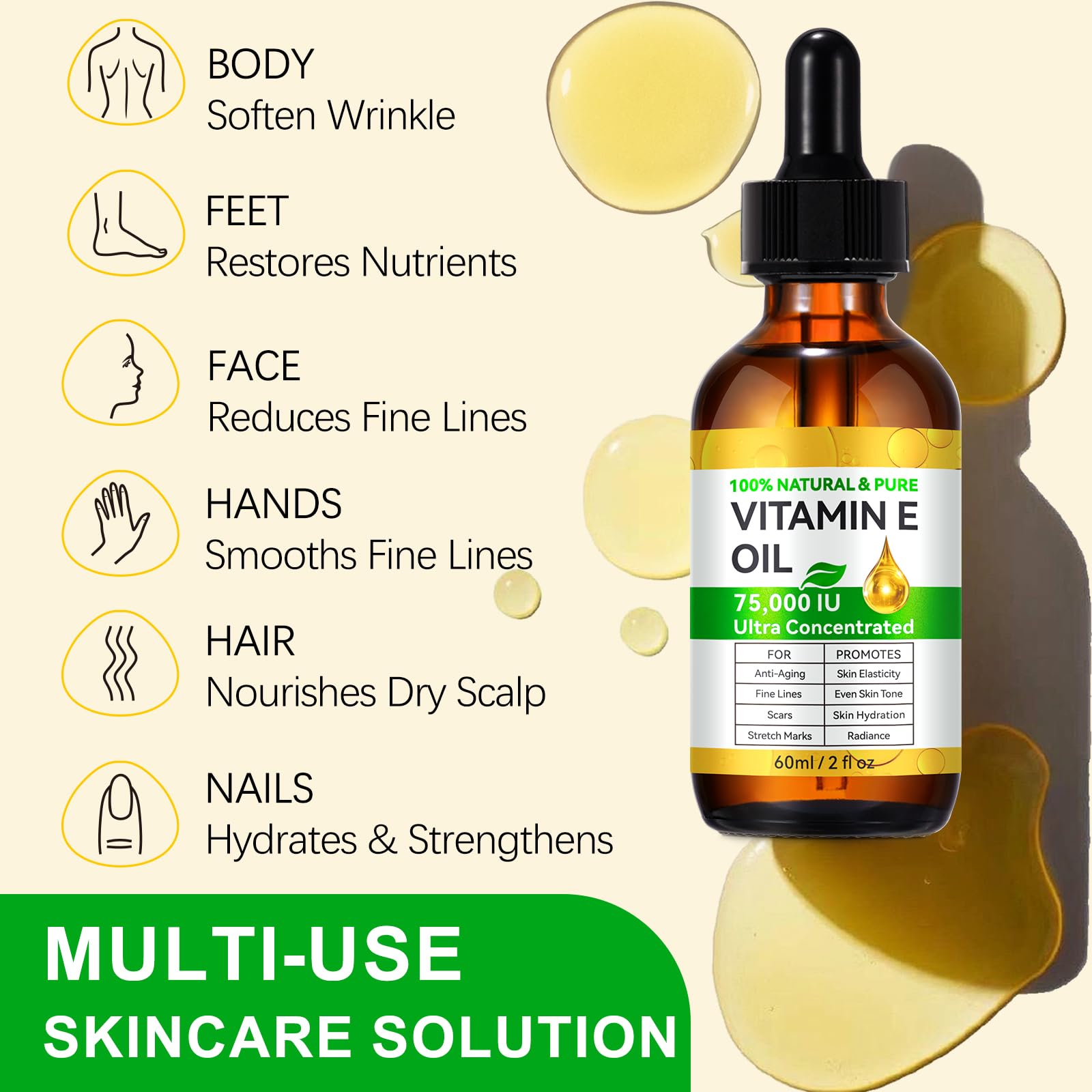 Tiuedu 2PCS Natural Vitamin E Oil – 75,000 IU Ultra Concentrated for Skin, Face, Hair & Scars