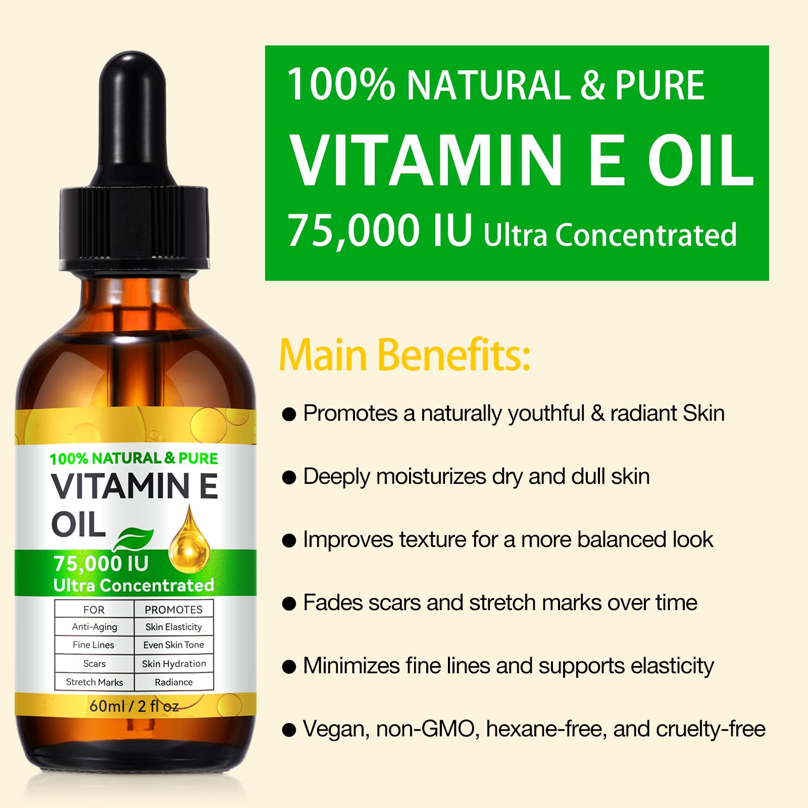 Tiuedu 2PCS Natural Vitamin E Oil – 75,000 IU Ultra Concentrated for Skin, Face, Hair & Scars