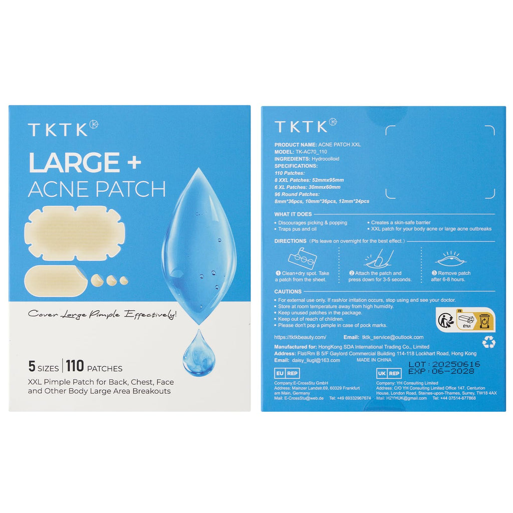 TKTK XXL Body Acne Patches - 5 Sizes, 110 Count | Large Hydrocolloid Patches for Back, Chest & Shoulders